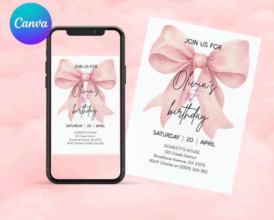 Pink Coquette 16th Birthday Invitation Template, Bow (Digital Download)
