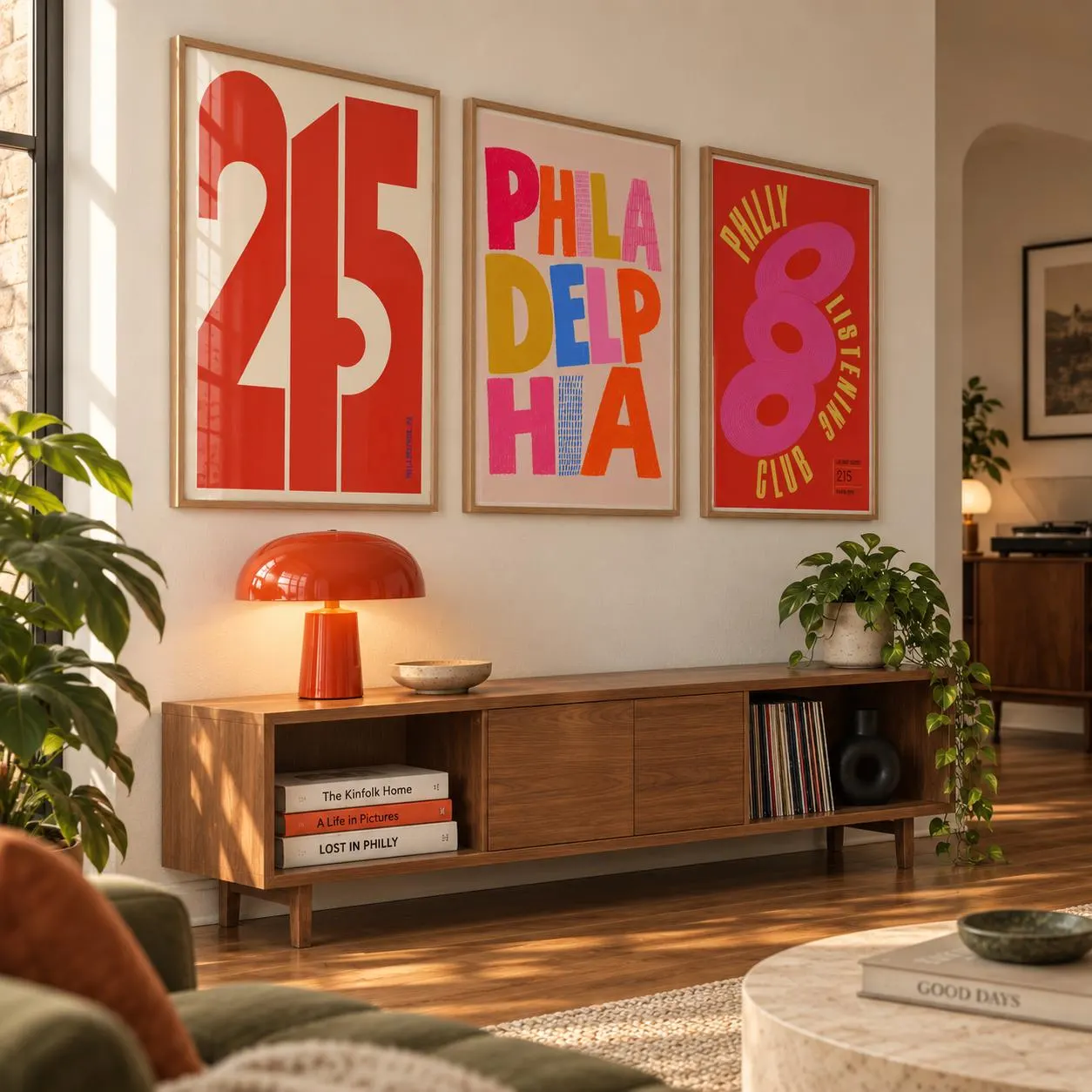 A long wooden media console with sliding doors, topped with a bright orange mushroom-shaped lamp. Above, three framed posters hang on the wall: one with the number 215, one reading PHILADELPHIA, and one reading PHILLY LISTENING CLUB.