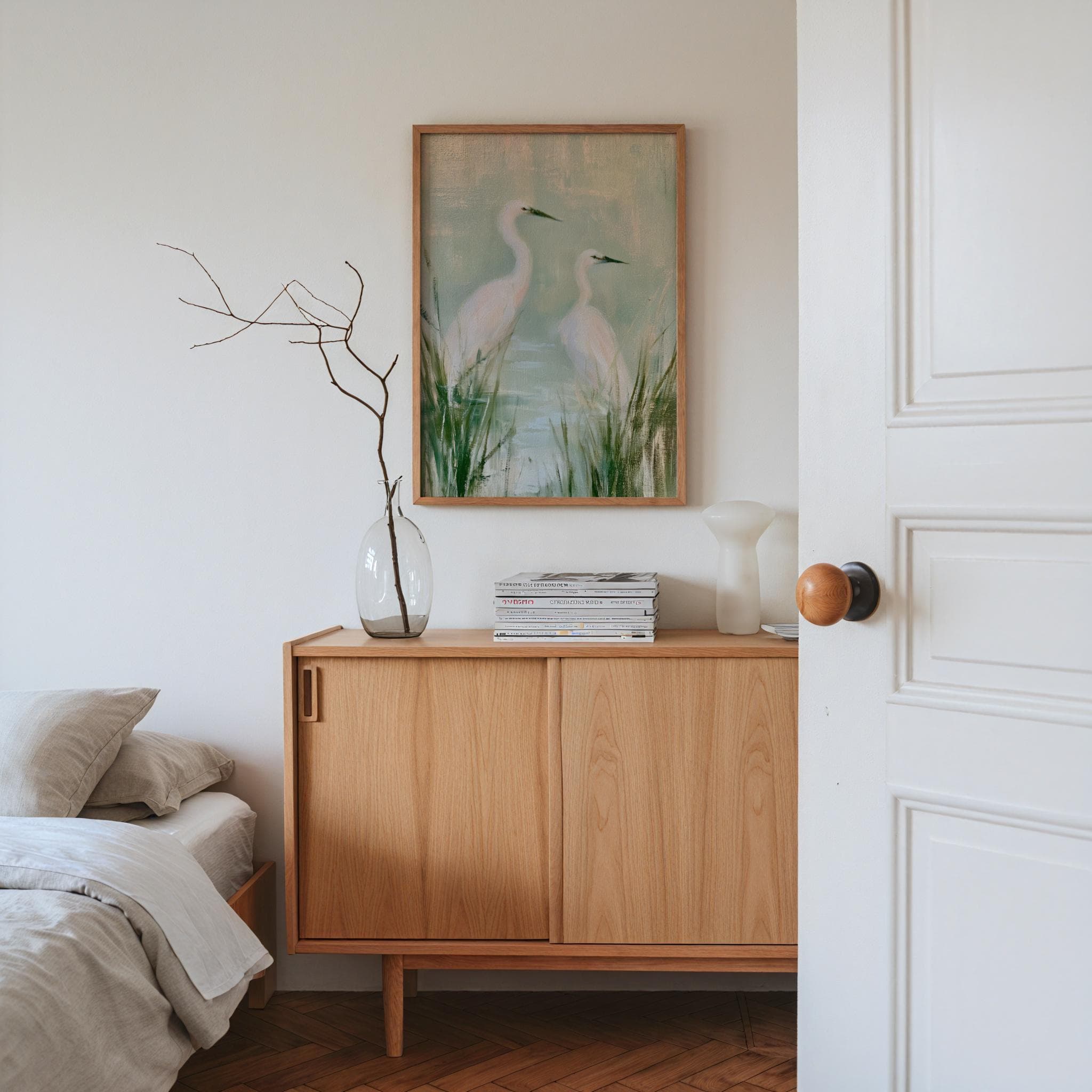 A light wood sideboard with sliding doors stands beneath a framed painting of two white egrets in a marsh. A clear glass vase with a bare branch, a stack of magazines, and a white lamp sit on the surface next to a white door.