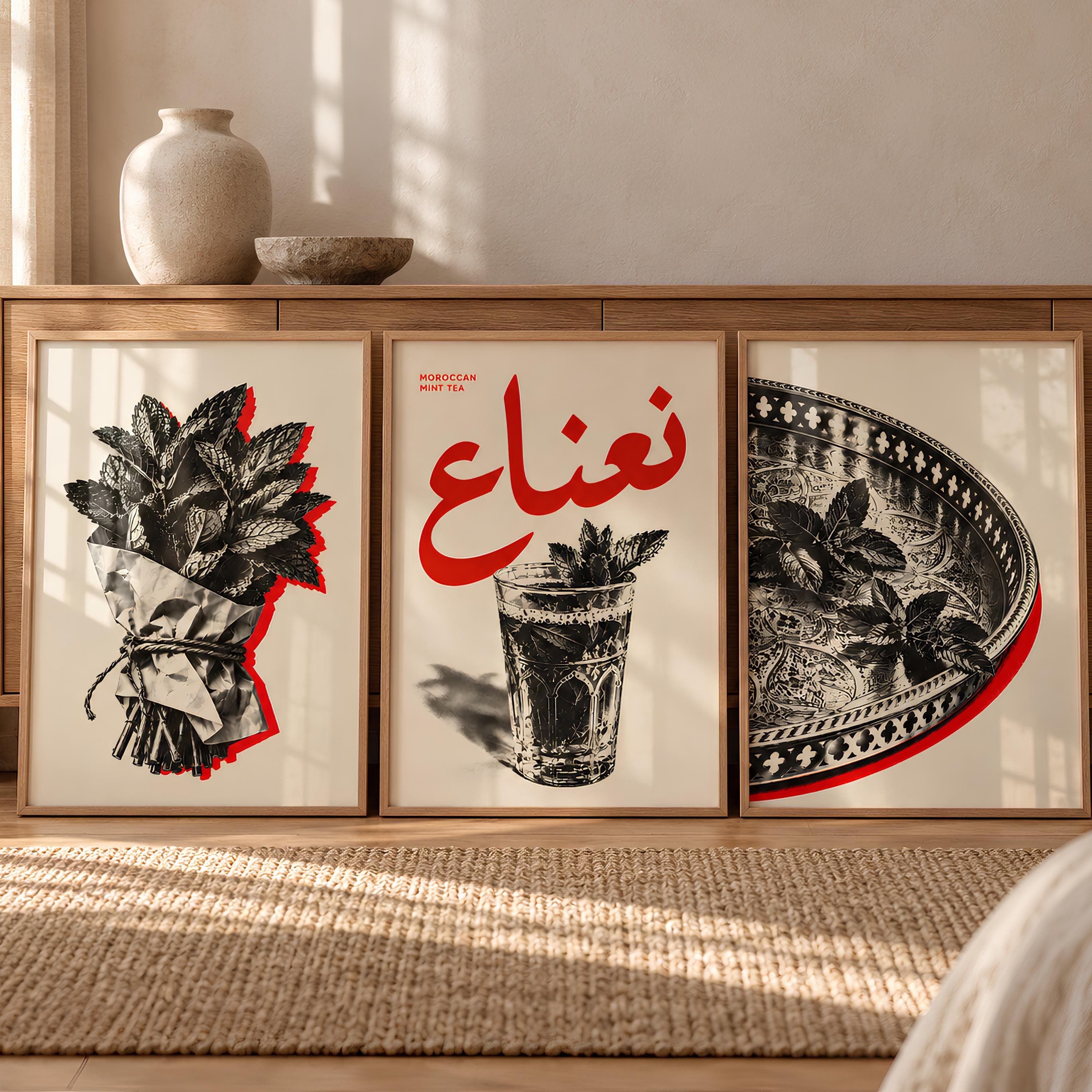 Moroccan Wall Art Set of 3, Mint Tea Print Triptych, Arabic North African Kitchen Decor