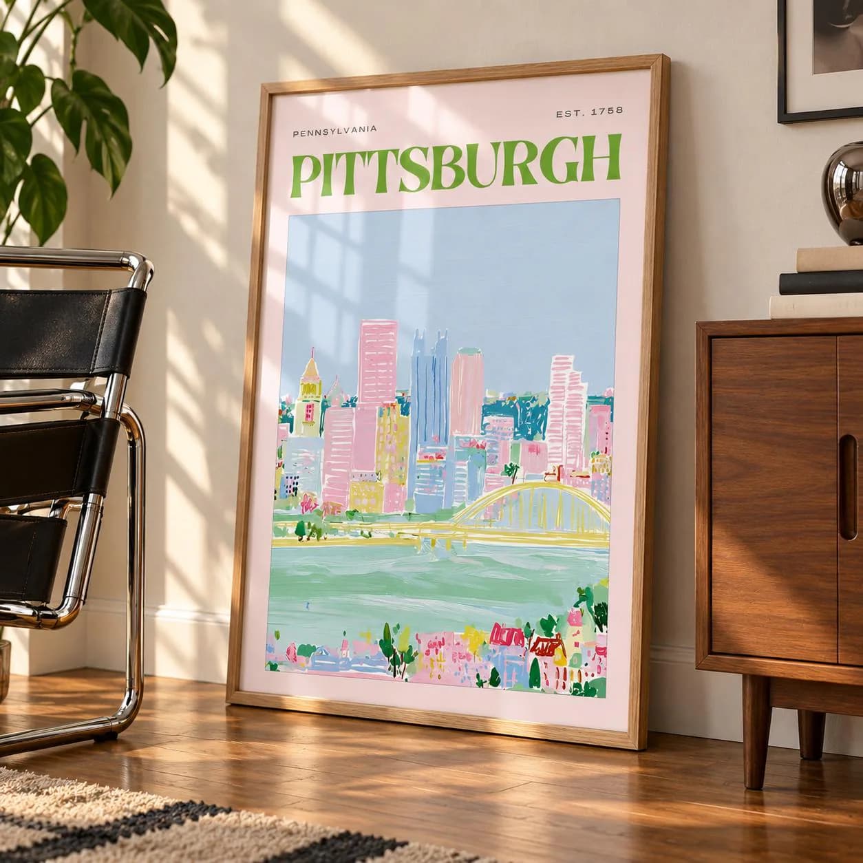 A framed wall art print featuring a stylized illustration of the Pittsburgh skyline. The poster includes the text "PENNSYLVANIA" and "EST. 1758" above the green "PITTSBURGH" title, showcasing a colorful city view with a river.
