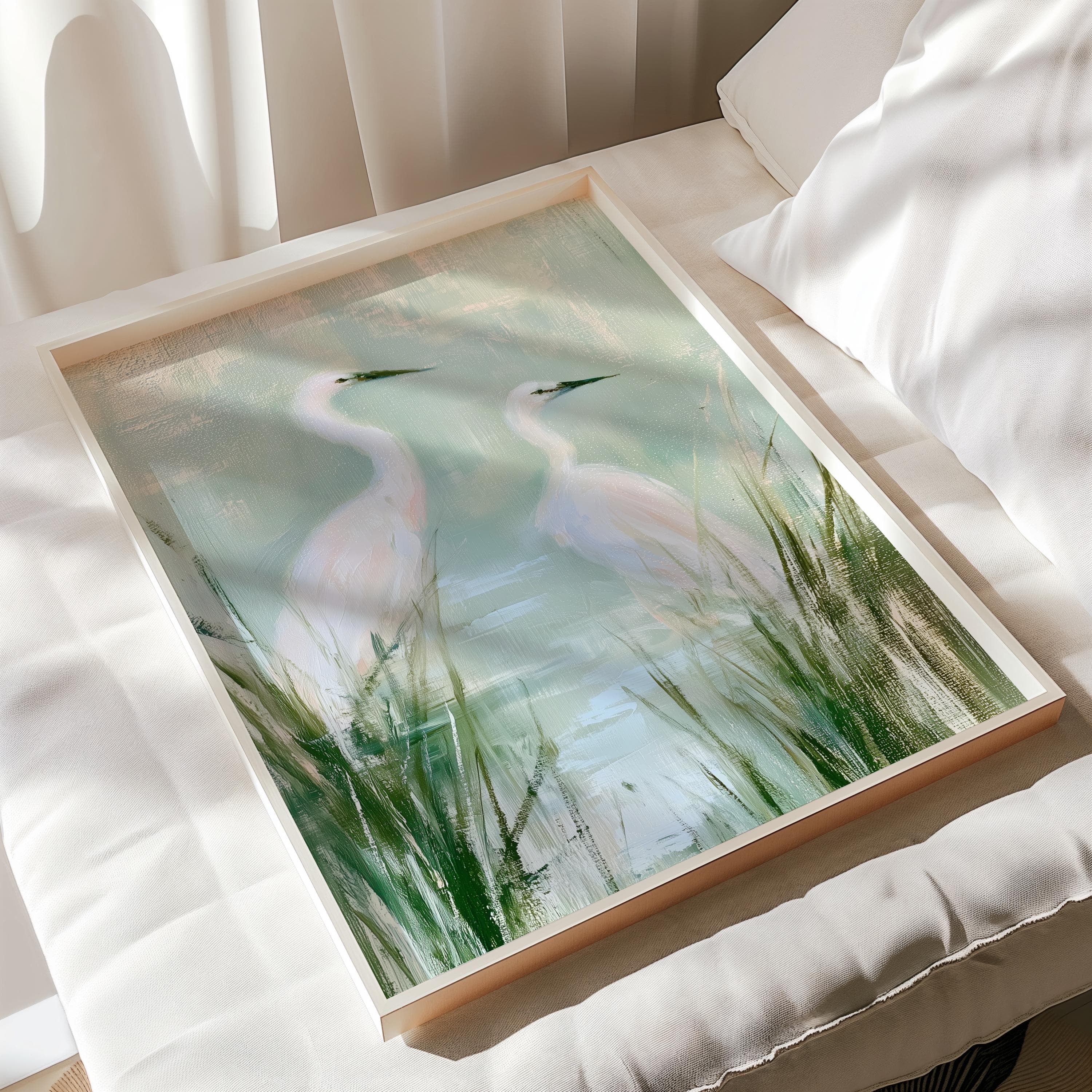 A rectangular framed wall art print featuring an impressionistic painting of two white egrets standing in tall green marsh grass. The birds have long necks and pointed beaks, set against a soft, muted light blue and green background.