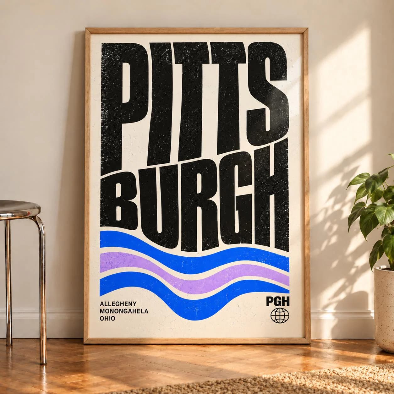 Retro Pittsburgh Wall Art, Mid Century Pennsylvania City Print, Maximalist Urban Bedroom Decor