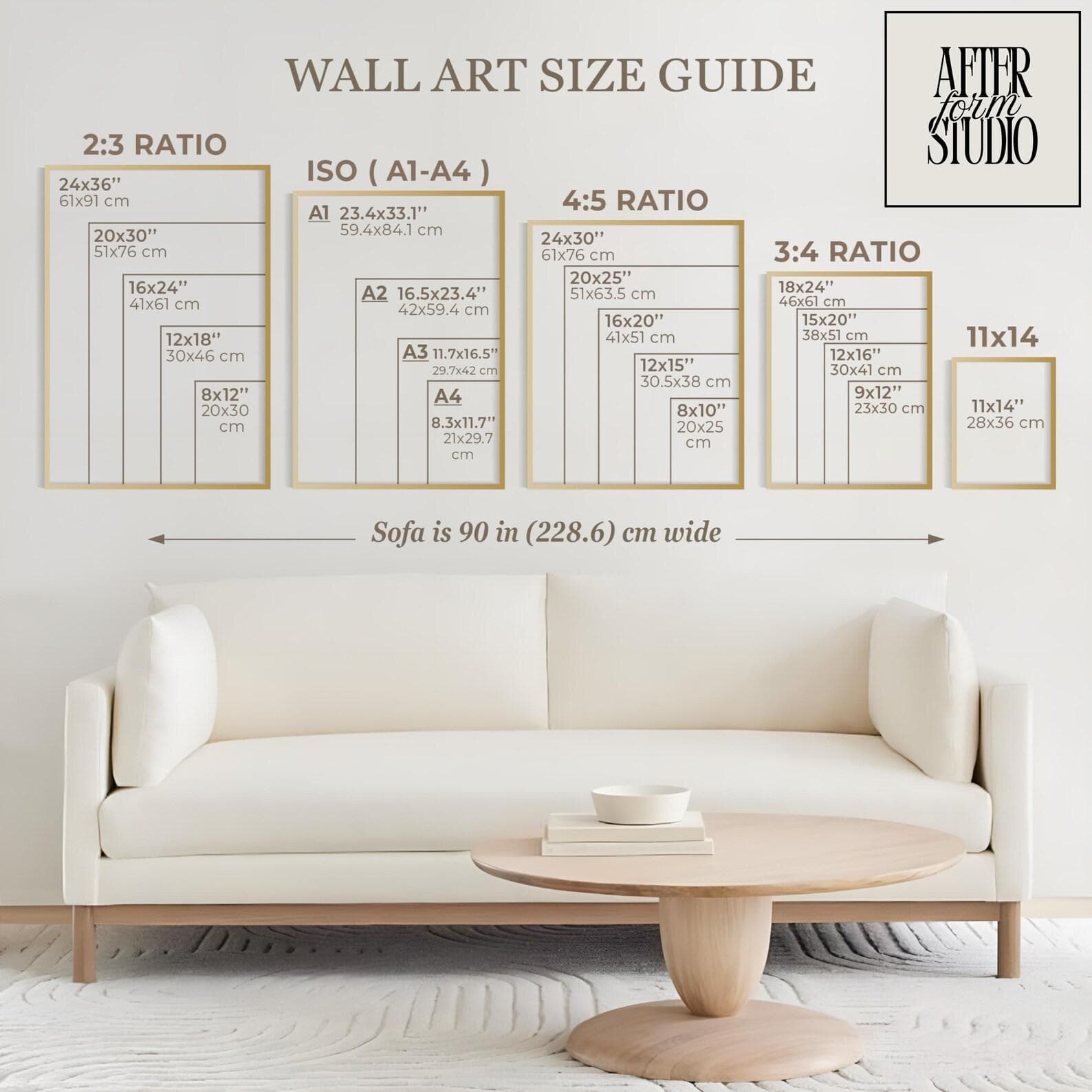 A wall art size guide chart displaying various frame dimensions in inches and centimeters, categorized by ratios 2:3, ISO A1-A4, 4:5, 3:4, and 11x14. The text includes the After Form Studio logo and a reference to a 90 inch wide sofa.