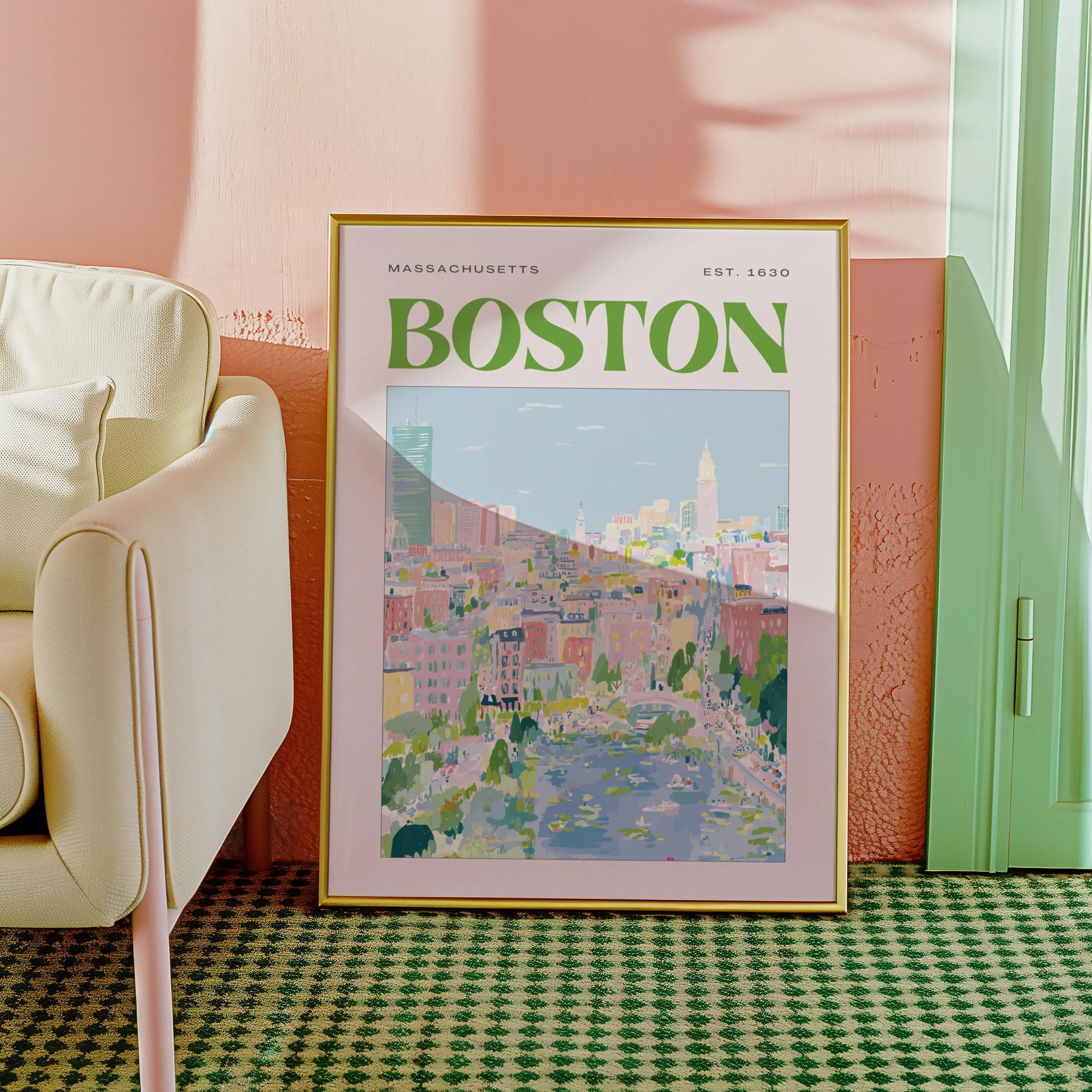A framed art print featuring a colorful illustration of Boston, Massachusetts. The print includes the city's name in green block letters, the text "Massachusetts" and "Est. 1630". The artwork depicts buildings, a river, and a light blue sky.
