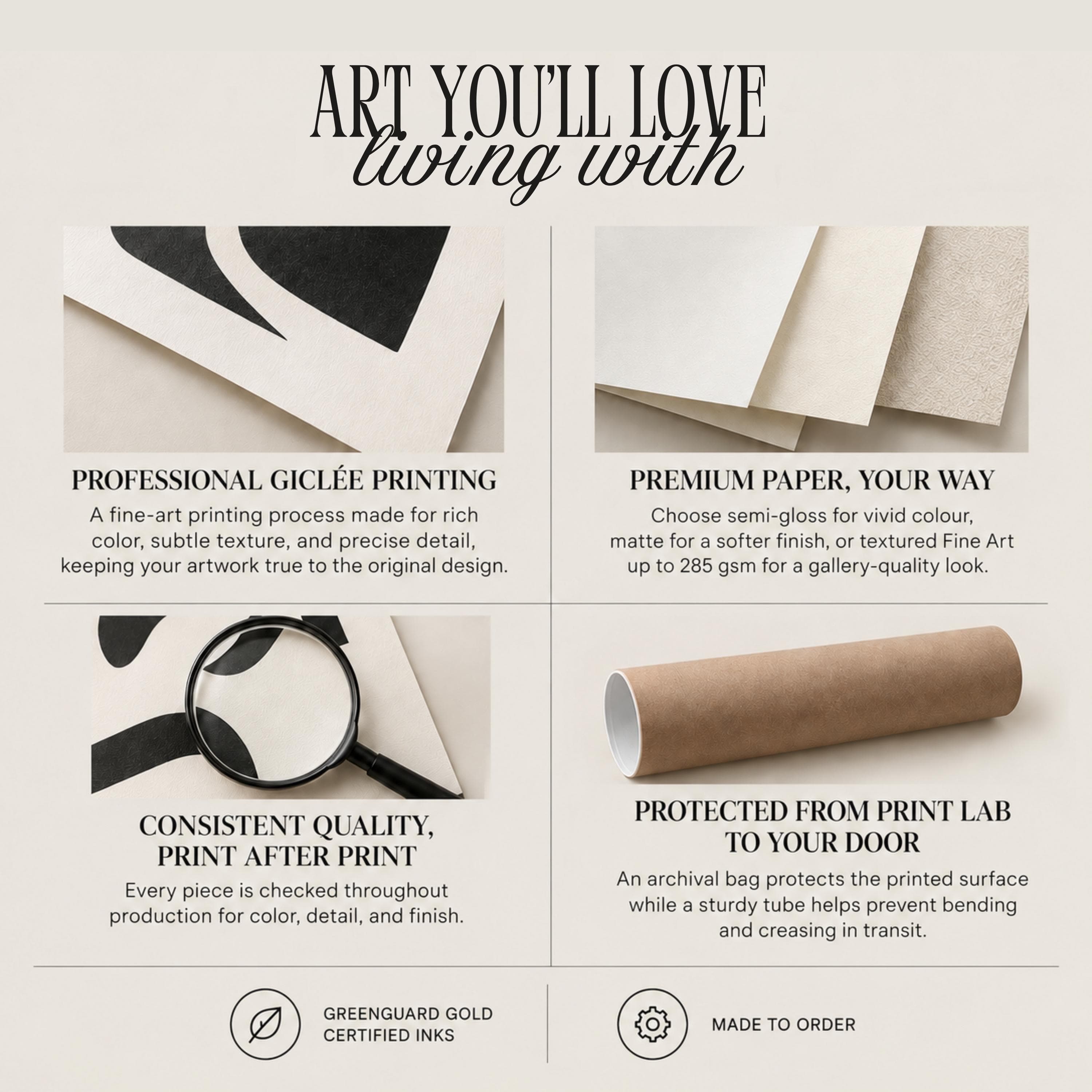 An informational graphic titled ART YOU'LL LOVE living with, featuring four panels showing giclée printing, paper textures, a magnifying glass inspecting a print, and a brown shipping tube, with Greenguard Gold and Made to Order icons.