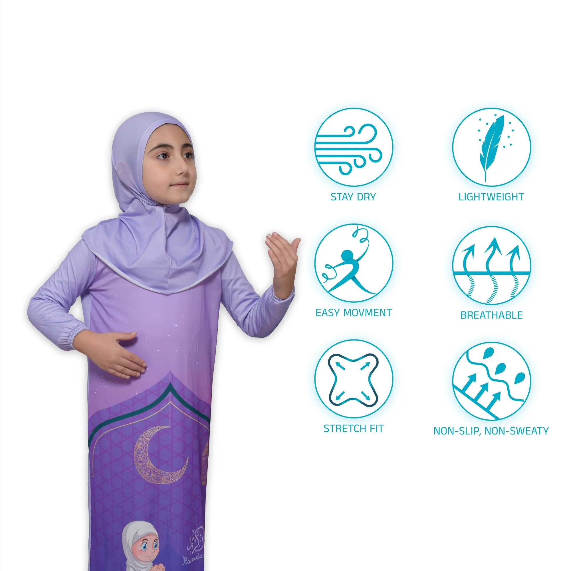 Close-up of the girls prayer dress highlighting its breathable, non-slip, and stretch-fit fabric icons.