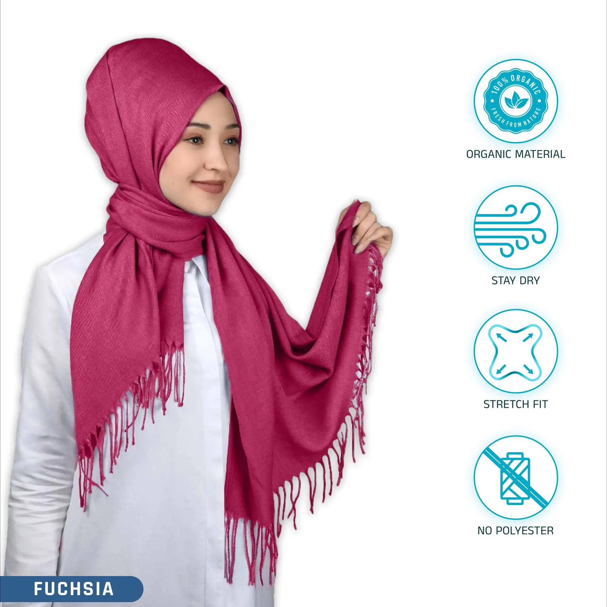 A fuchsia colored pashmina shawl with fringe. The scarf is made of organic material and is breathable, stretchy, and polyester free. The text "Fuchsia" is at the bottom of the image.