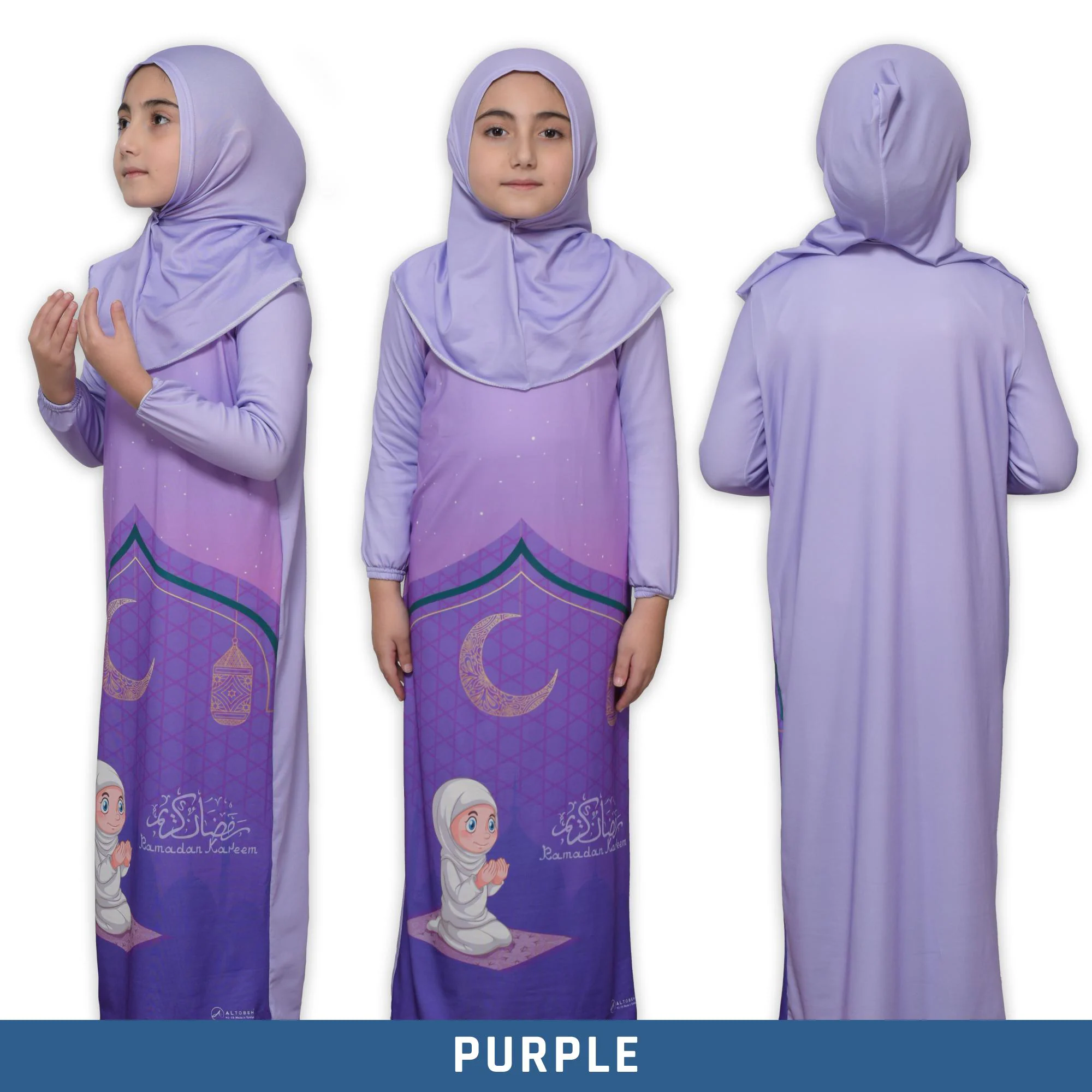 Purple prayer dress with a crescent moon and lantern design. The dress has long sleeves and a matching hijab for kids