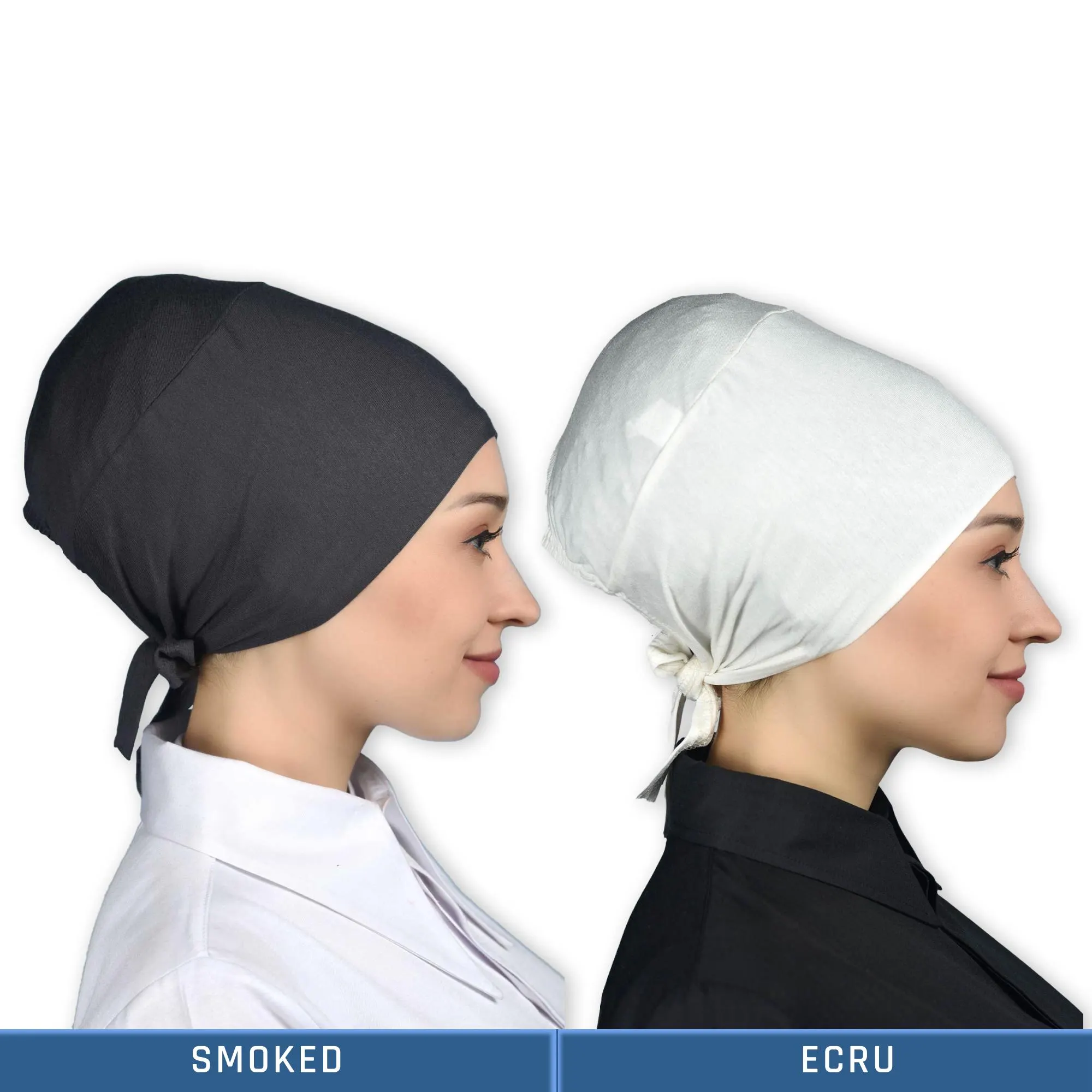 Two women wearing different colored Hijab bonnet. on the left is smoked and the hat on the right is ecru .