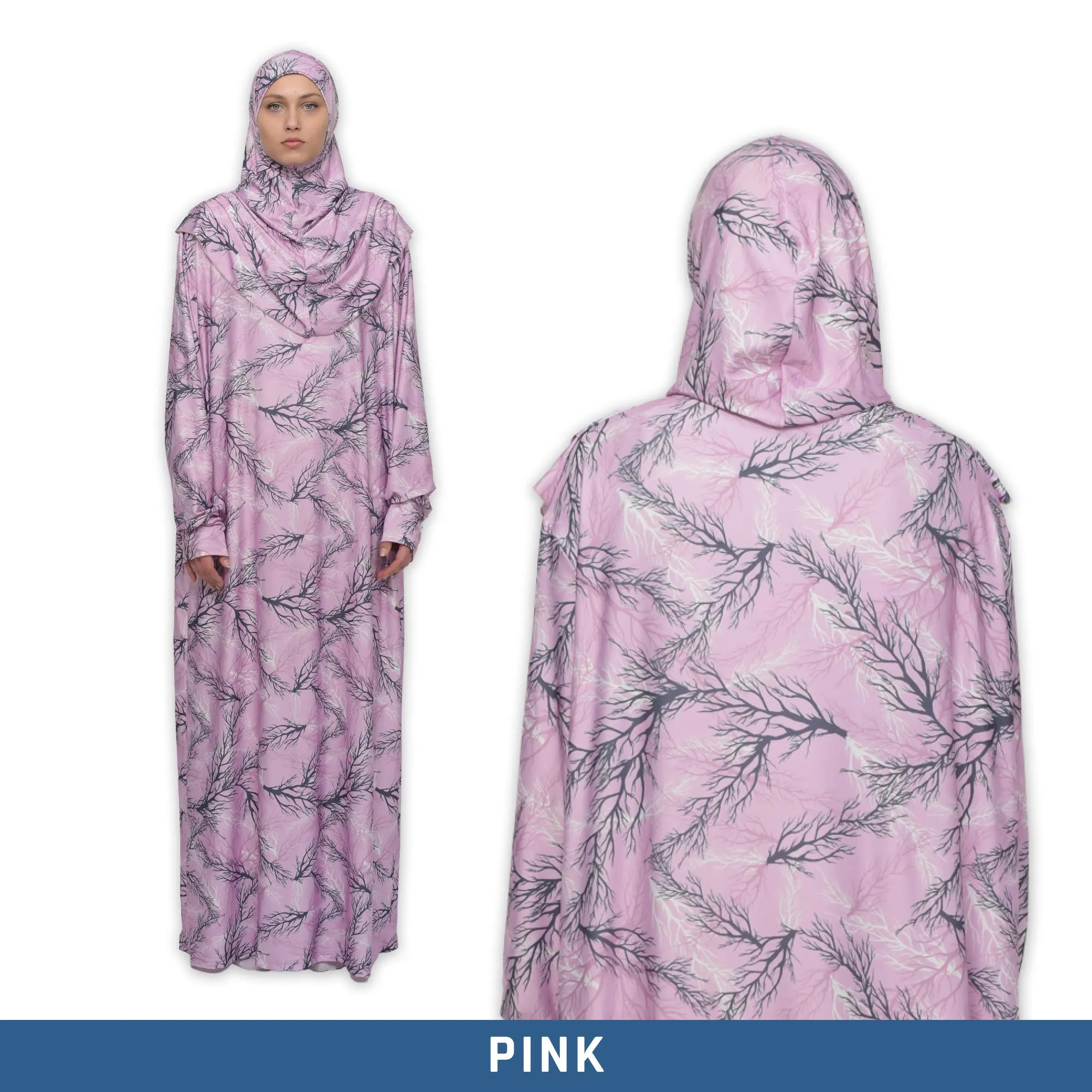 A pink prayer robe with a hooded design and a tree pattern. The robe has long sleeves and a loose fit.