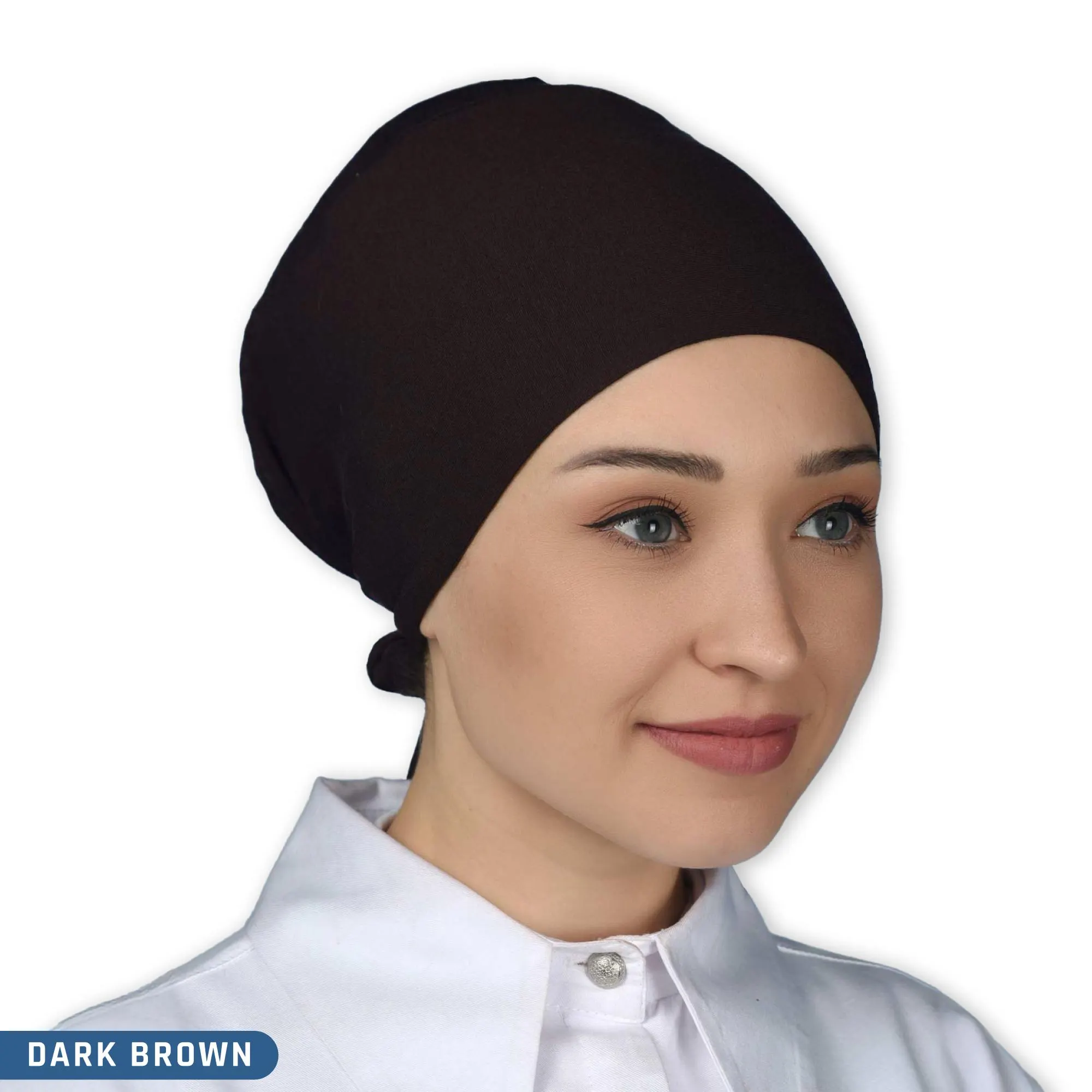 A dark brown, plain, cotton Hijab bonnet. The hat is tied at the back of the head.