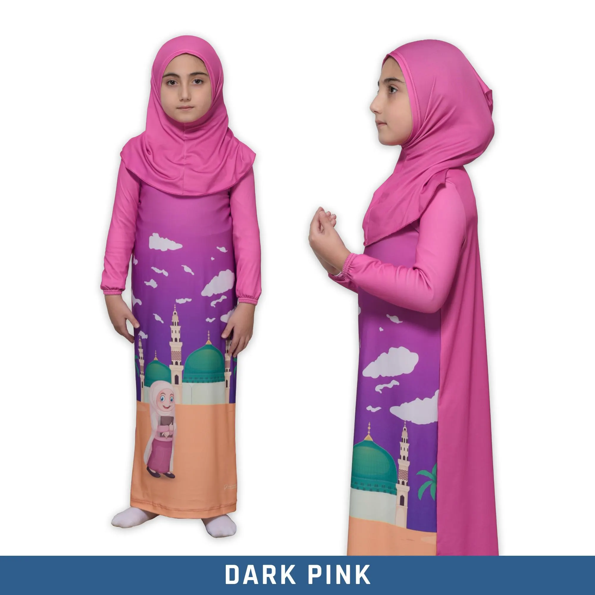 muslim girl praying wearing 2 piece prayer outfit soft breathable fabric