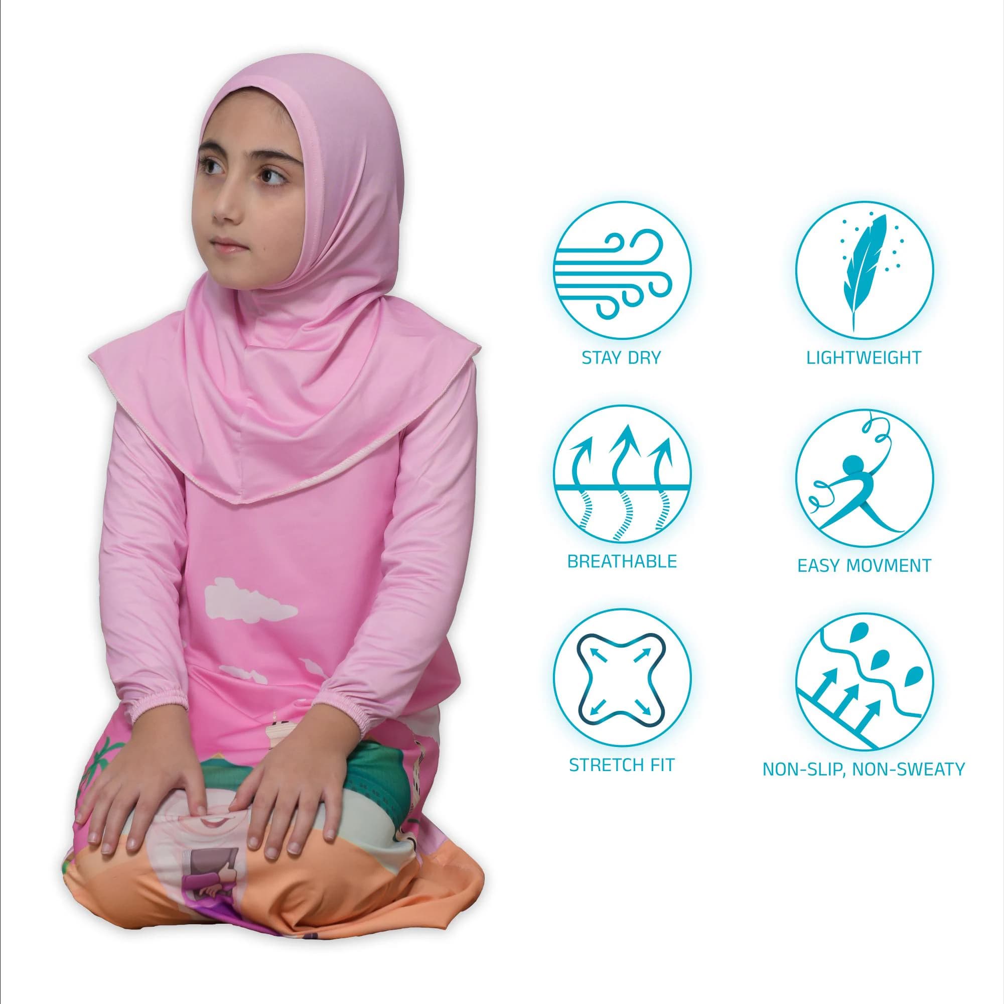 A pink long-sleeved shirt with a colorful print of clouds and a cartoon character. The shirt has a matching pink hijab. The image also shows six icons with text describing the features of the shirt: Stay Dry, Lightweight, Breathable, Easy Movement, Stretch Fit, Non-Slip, Non-Sweaty.