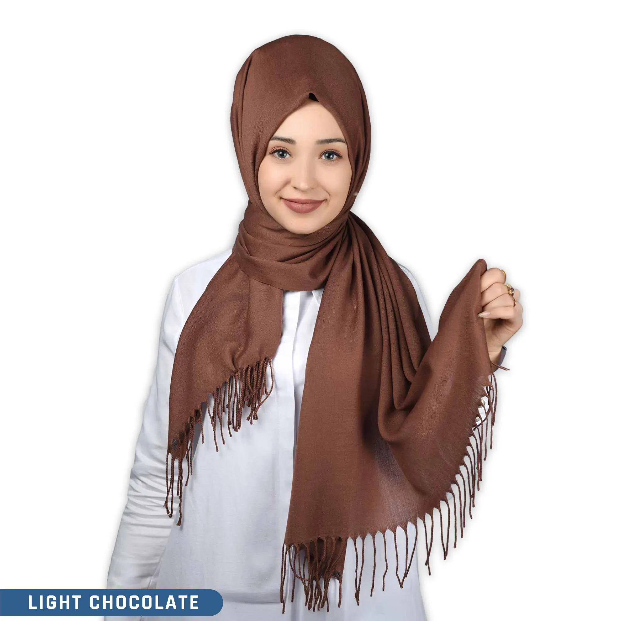 Close-up of the pashmina scarf edge showing the delicate fringe details and the high-quality, thick cotton blend fabric weave.