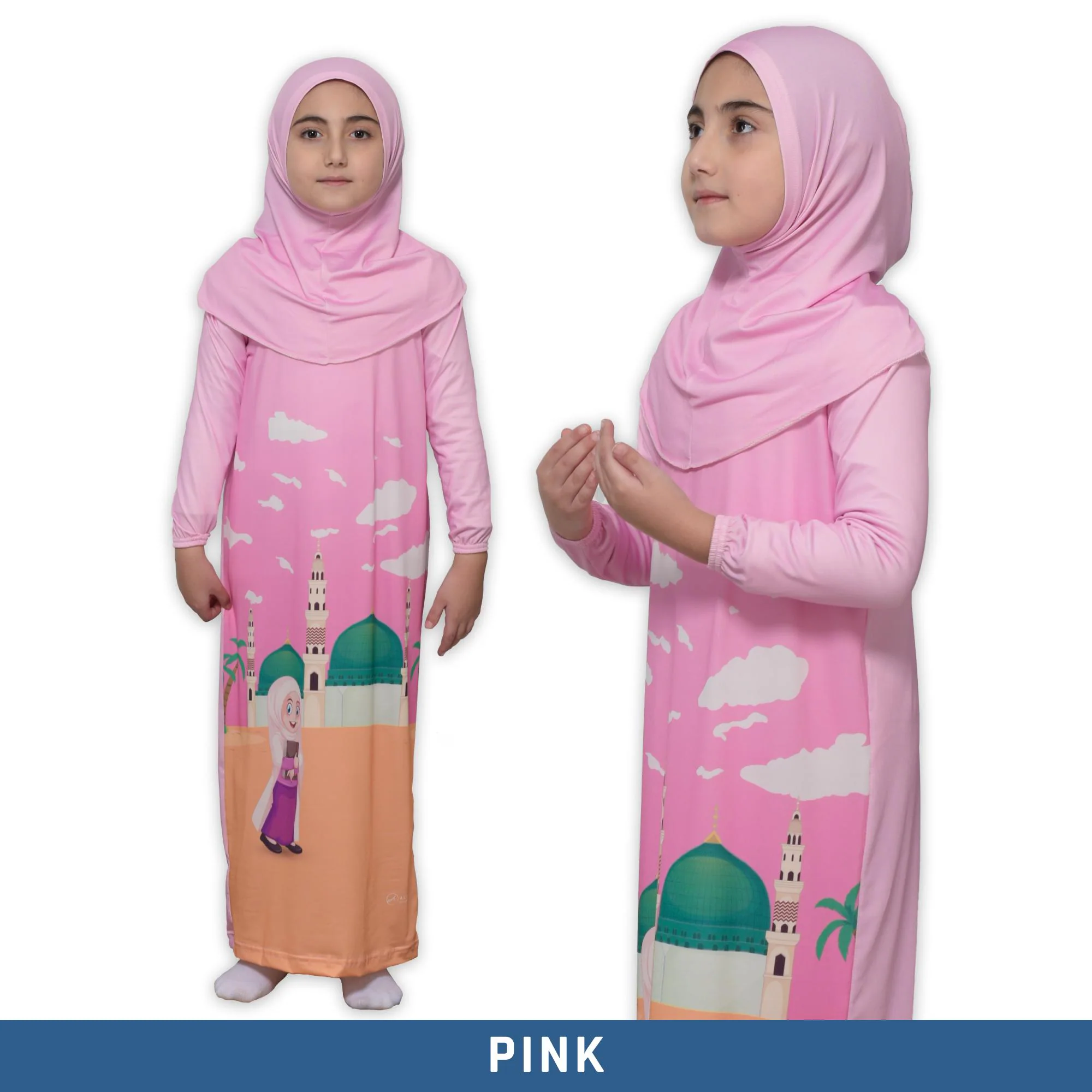 close up of pink prayer dress fabric soft lycra material for kids