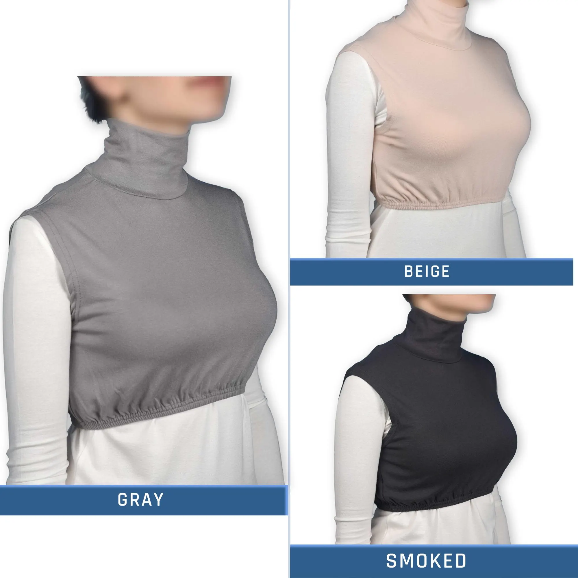 Three turtleneck undershirts in gray, beige, and smoked. Each sleeveless top has a high neck and a gathered hem