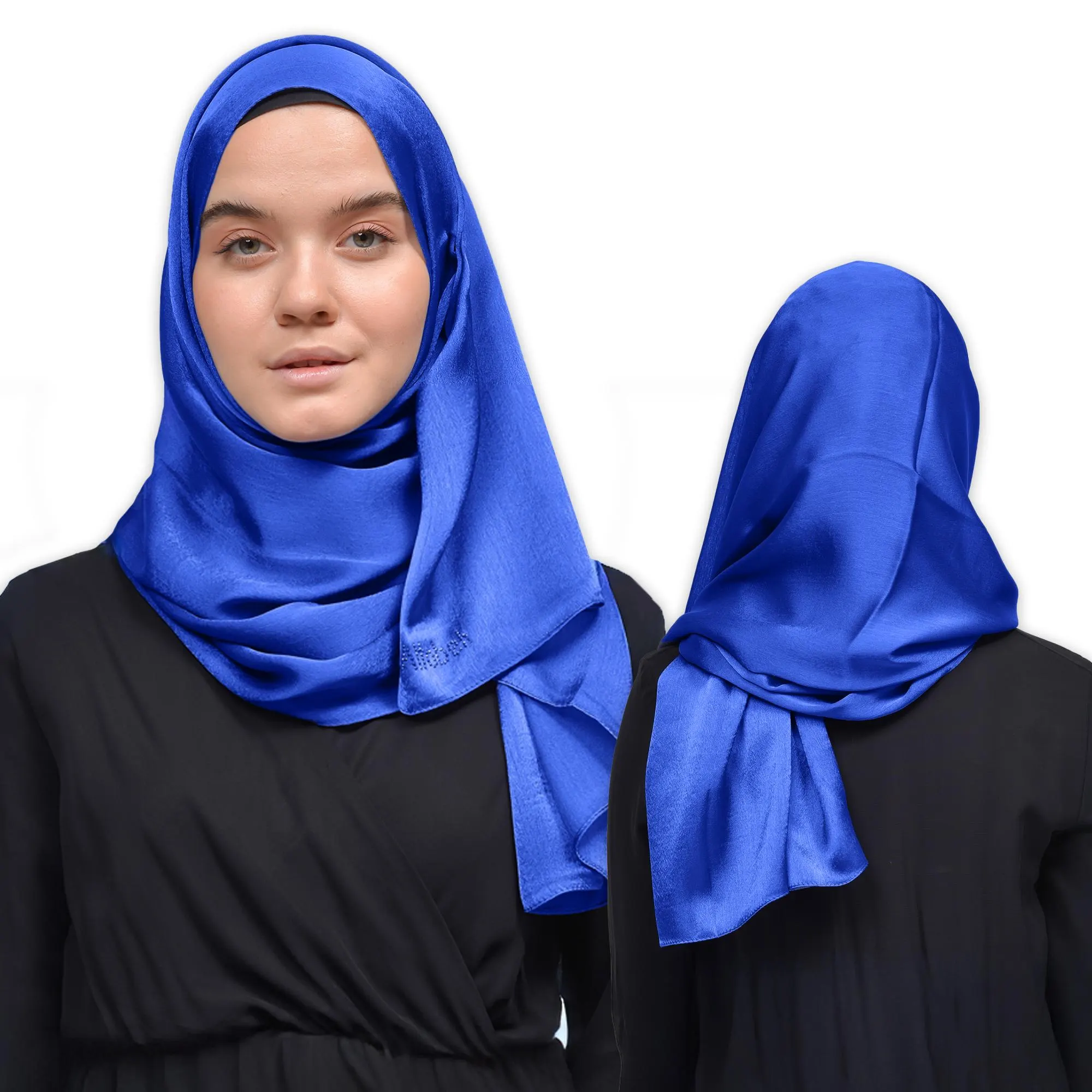 A royal blue satin hijab with a smooth, silky texture. The hijab is draped over the shoulders and head, creating a flowing and elegant look.