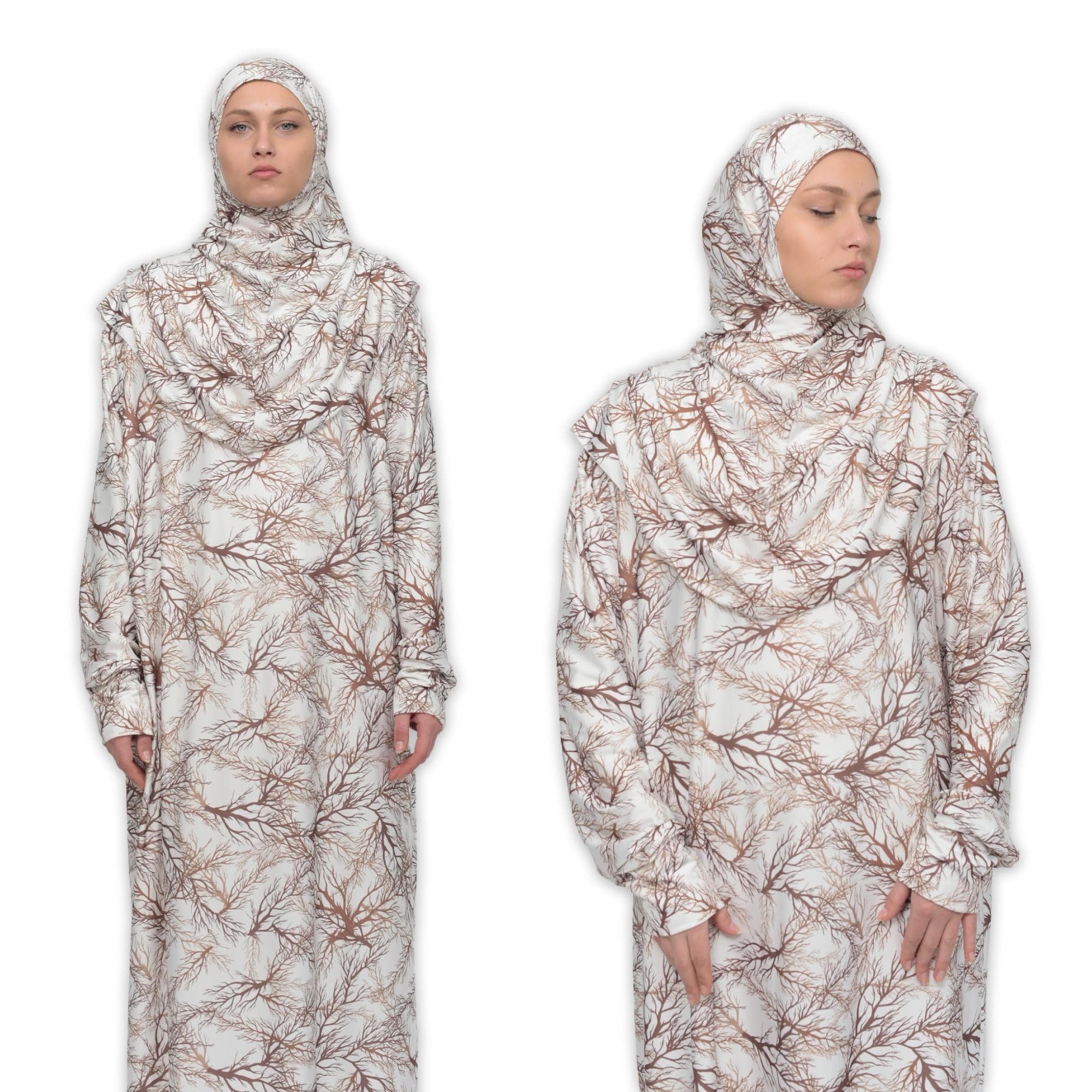 One-piece Islamic prayer dress for women with tree pattern, batwing sleeves, elastic cuffs, and detachable headscarf, made from stretchy microfiber with Lycra — full-length modest outfit for daily prayers, Hajj, or Umrah