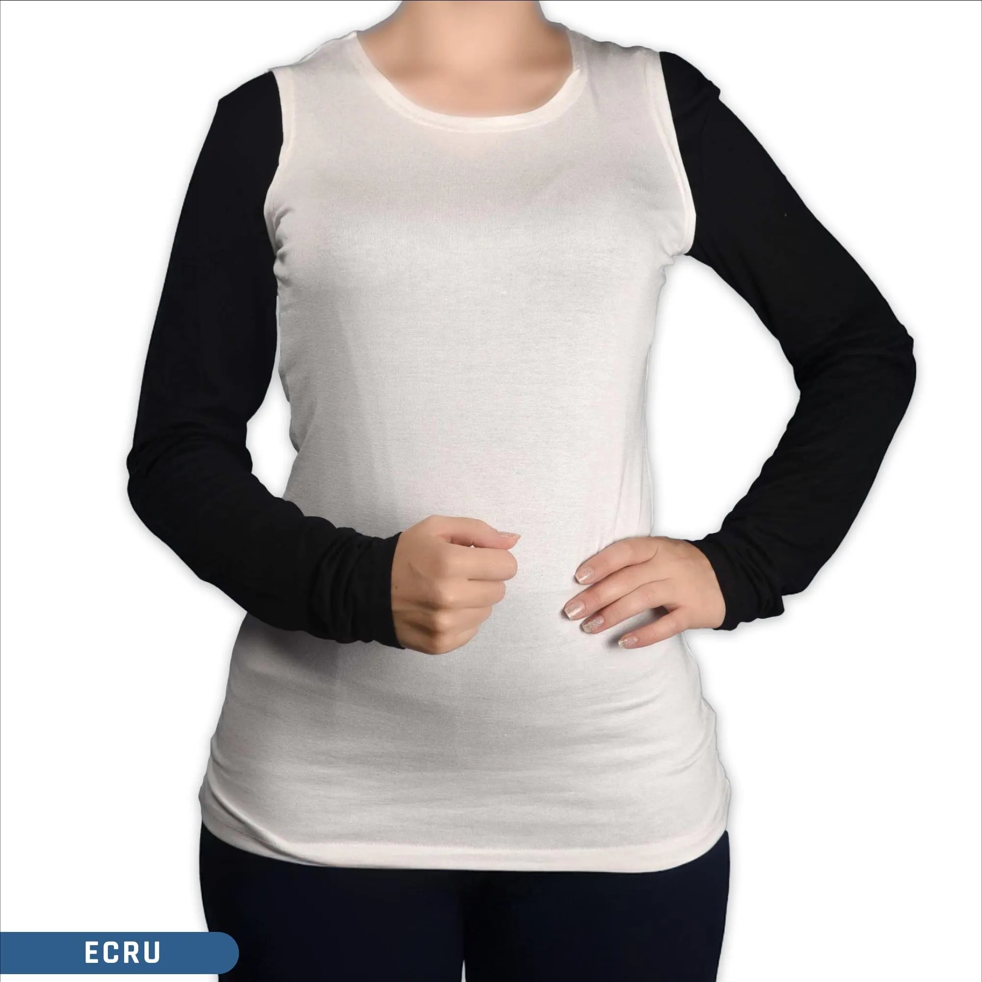 A woman wearing a sleeveless ecru viscose crew neck body top ,a modest layering style for hijab clothing..