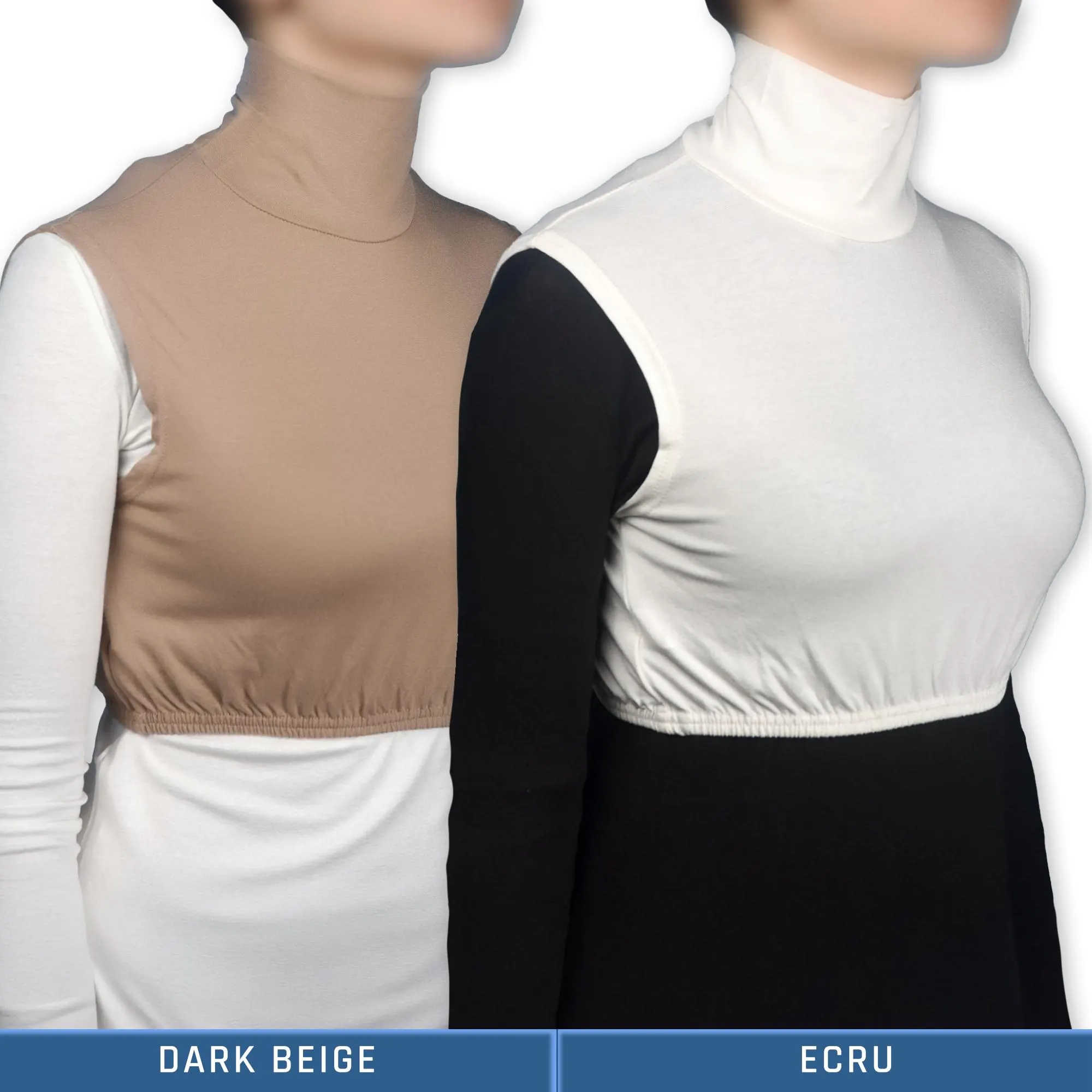 Two sleeveless mock turtleneck tops. One is dark beige, the other is ecru. Both tops have a gathered elastic hem.
