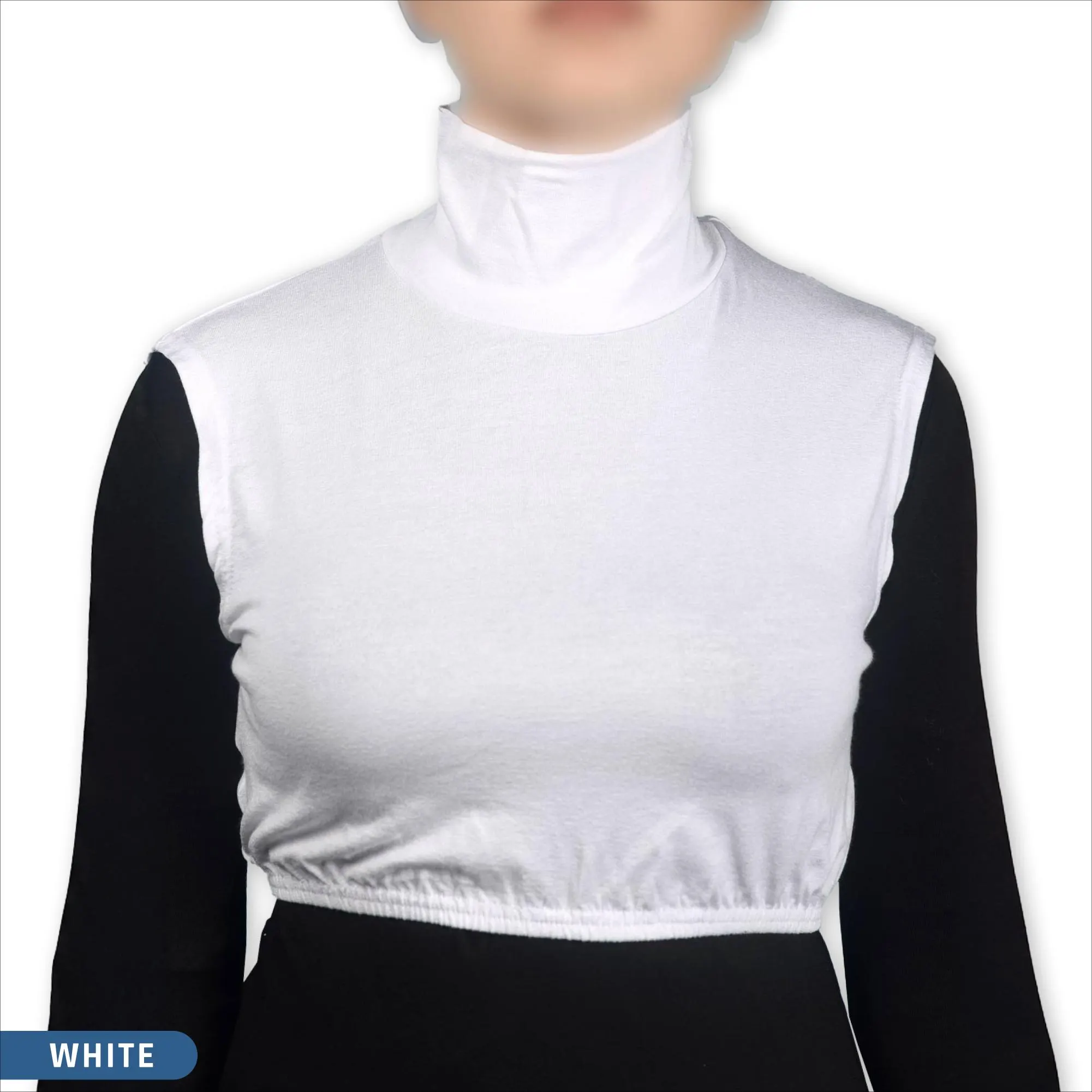 White mock turtleneck shirt with a sleeveless design. The shirt has a cropped fit. The neckline is a high, folded turtleneck style.