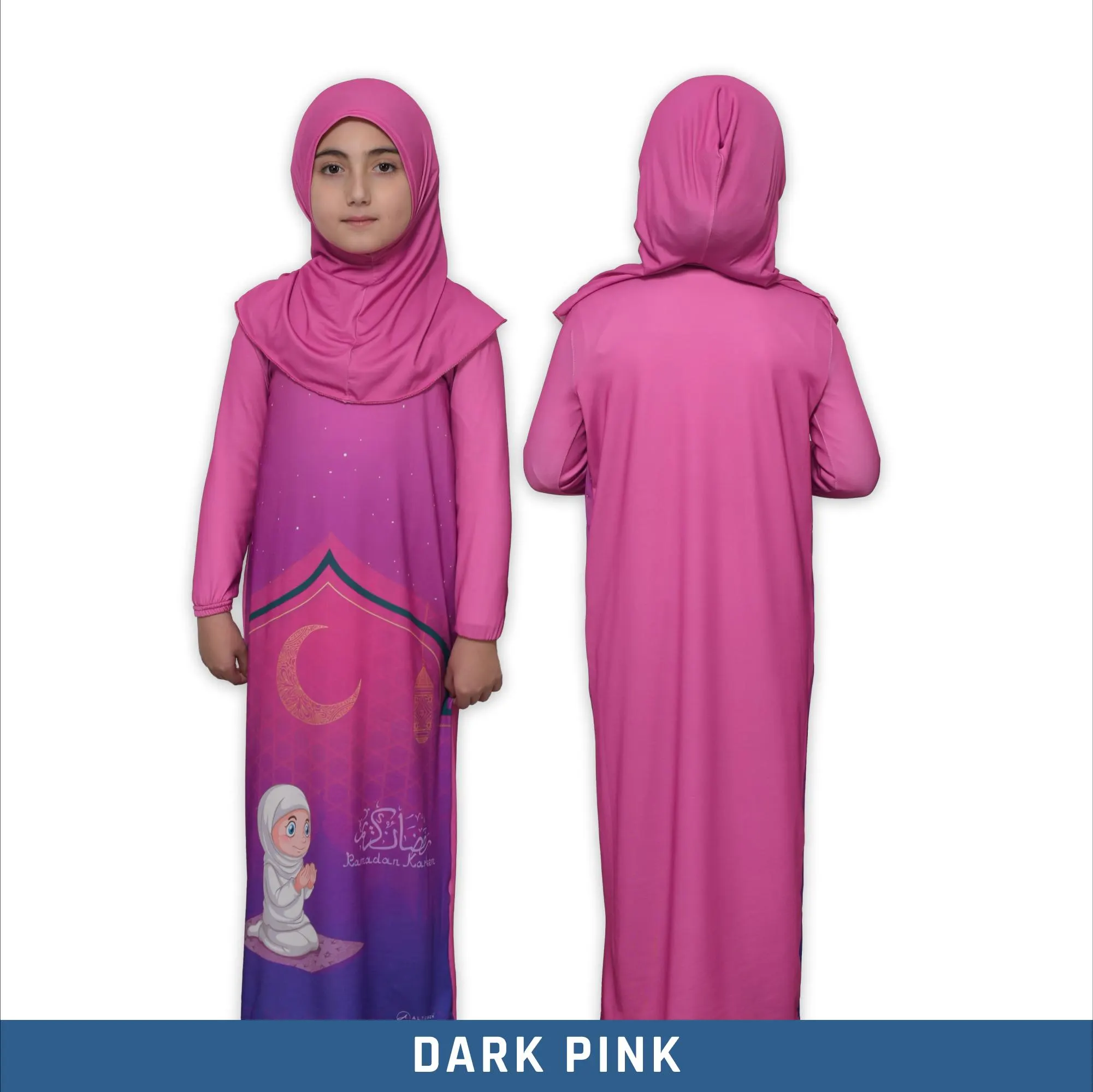 A dark pink prayer dress with long sleeves and a matching hijab. The dress features a colorful print of a crescent moon, stars, and a praying child.