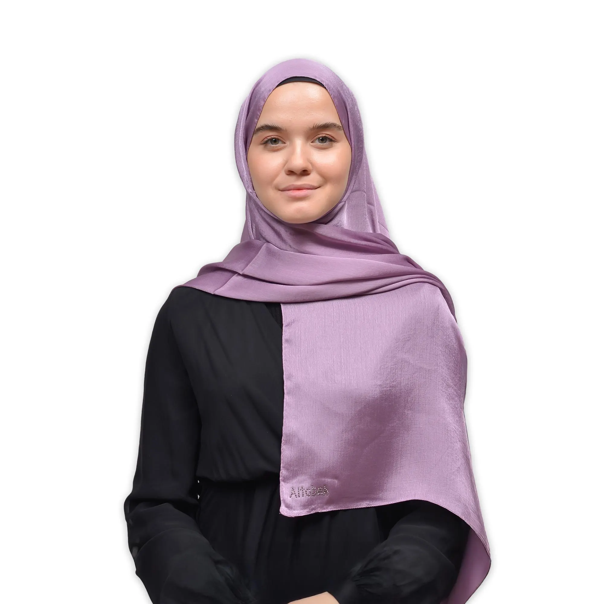 A light purple satin hijab with the word "Altobeh" embroidered on the bottom right corner.