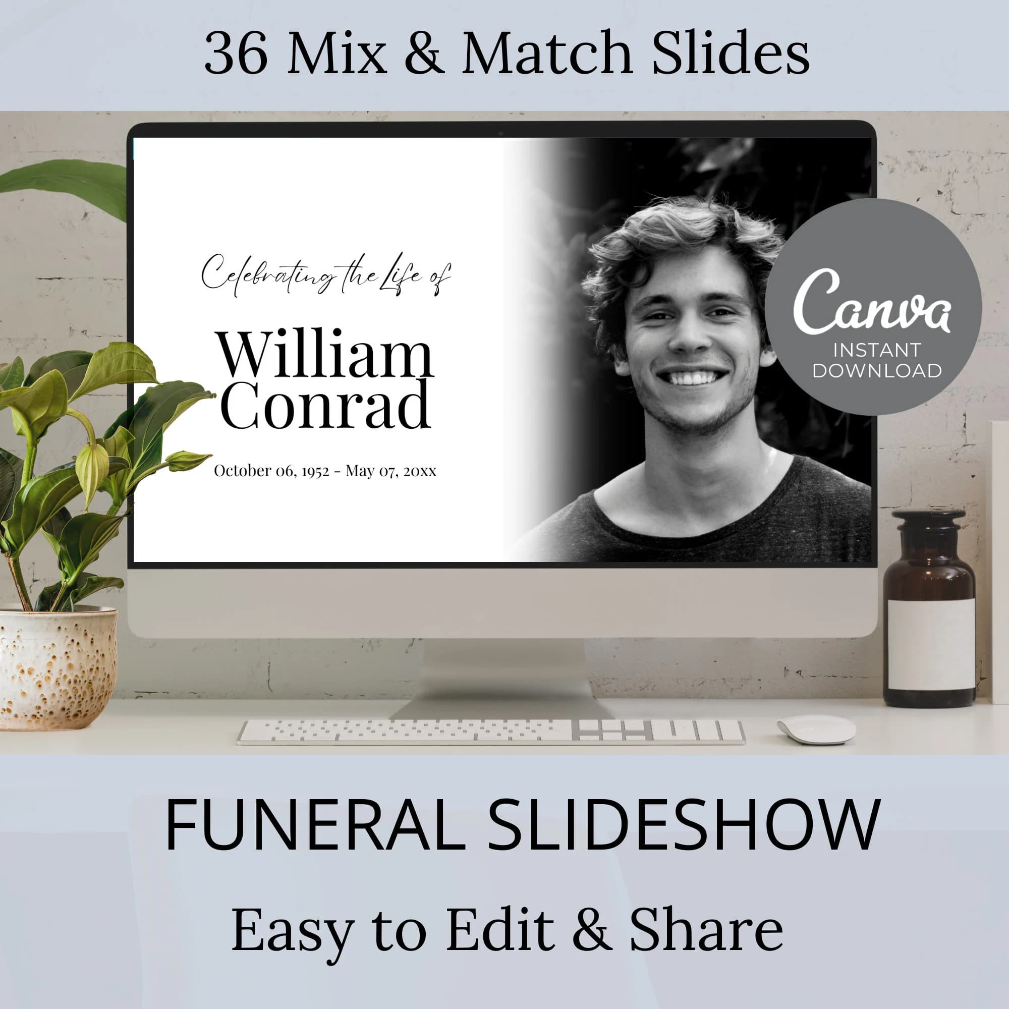 funeral slideshow, celebration of life, memorial service, custom video, funeral video, slideshow template, photo slideshow, tribute video, remembrance video, personalized video, Canva slideshow, Canva video, funeral for male