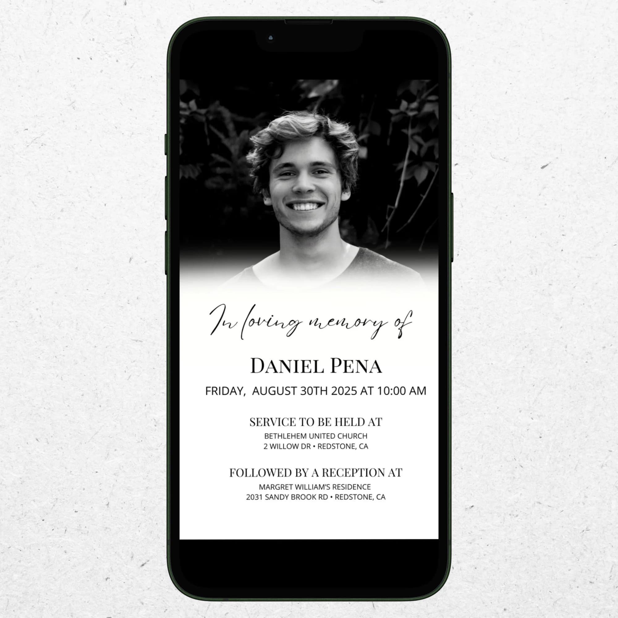 Digital Funeral Invitation, Minimal Electronic Memorial Evite for Man, Text Message Celebration of Life, Elegant Editable Phone Invite, ID47 - image 4