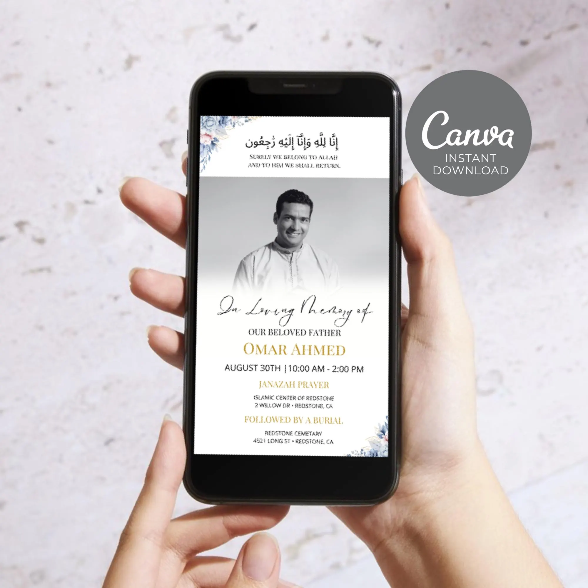 Muslim Funeral Invite, Janazah Invitation for Men, Islamic Digital Memorial Announcement, Editable Minimal Electronic Funeral Evite ID284 - image 5