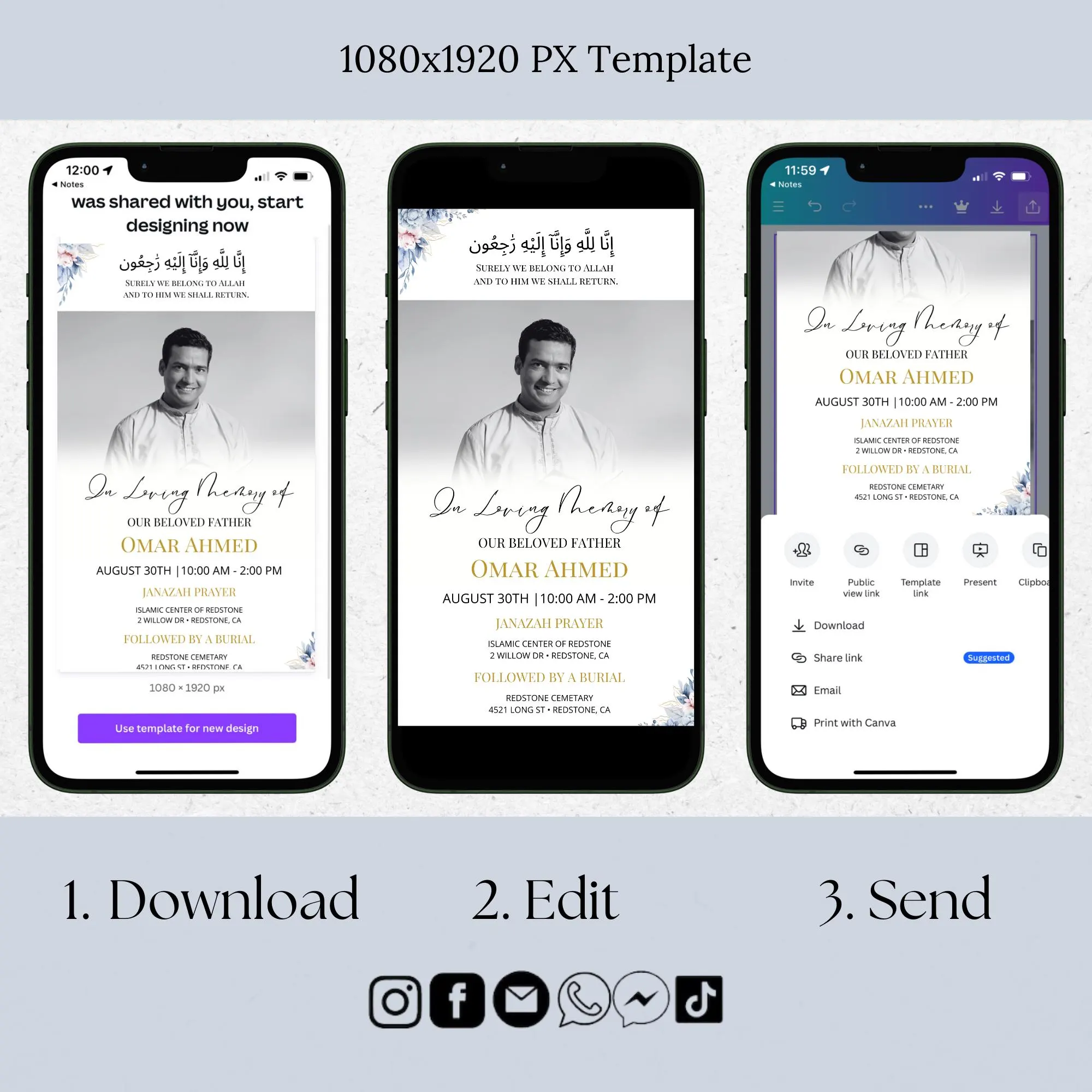 Muslim Funeral Invite, Janazah Invitation for Men, Islamic Digital Memorial Announcement, Editable Minimal Electronic Funeral Evite ID284
