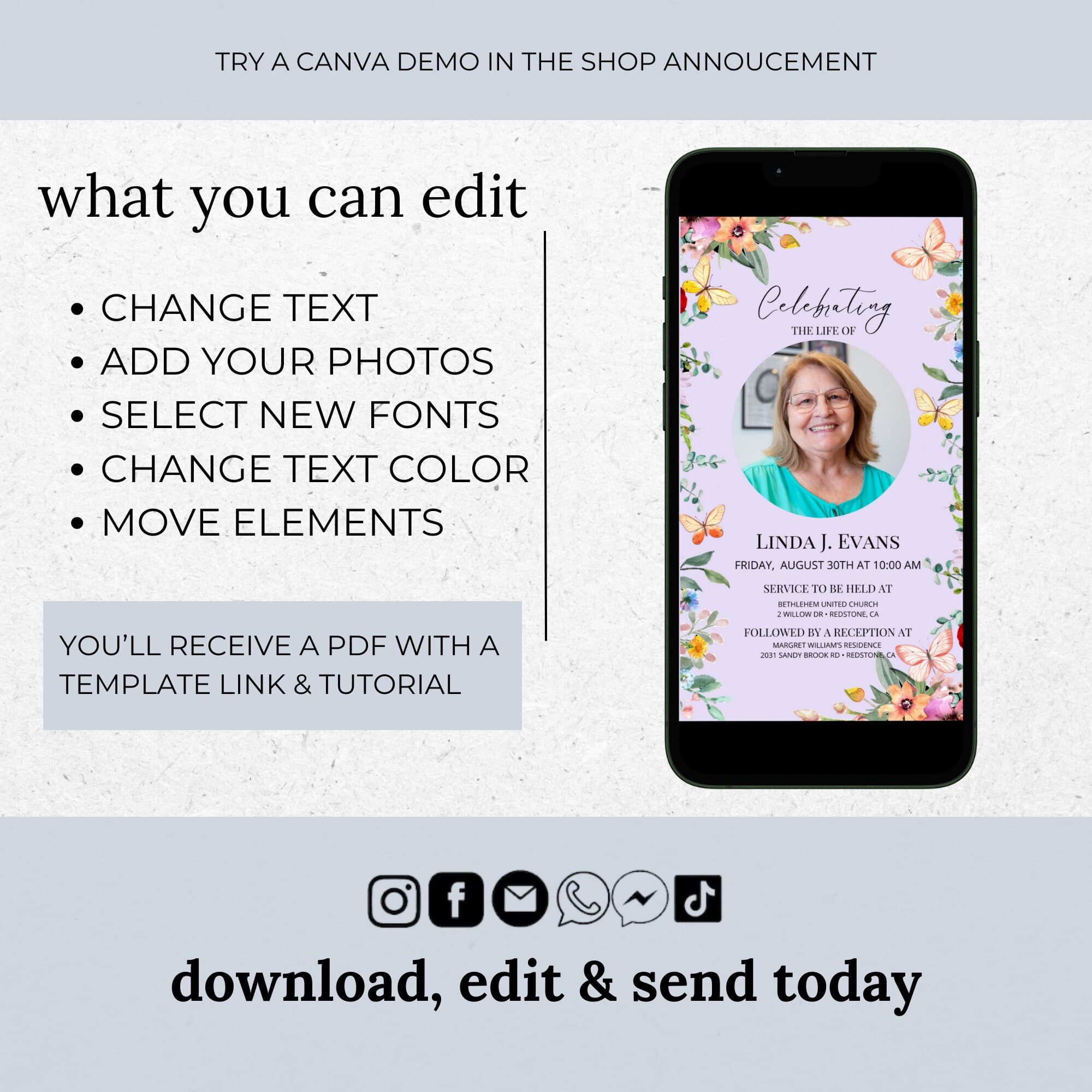 Funeral Announcement with Butterflies, Digital Celebration Of Life Template, Editable Electronic Memorial Evite, Phone Invitation ID22 - image 3