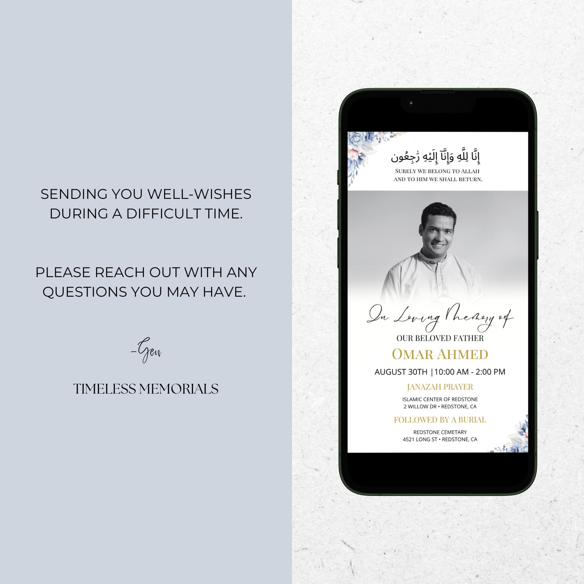 Muslim Funeral Invite, Janazah Invitation for Men, Islamic Digital Memorial Announcement, Editable Minimal Electronic Funeral Evite ID284 - image 4