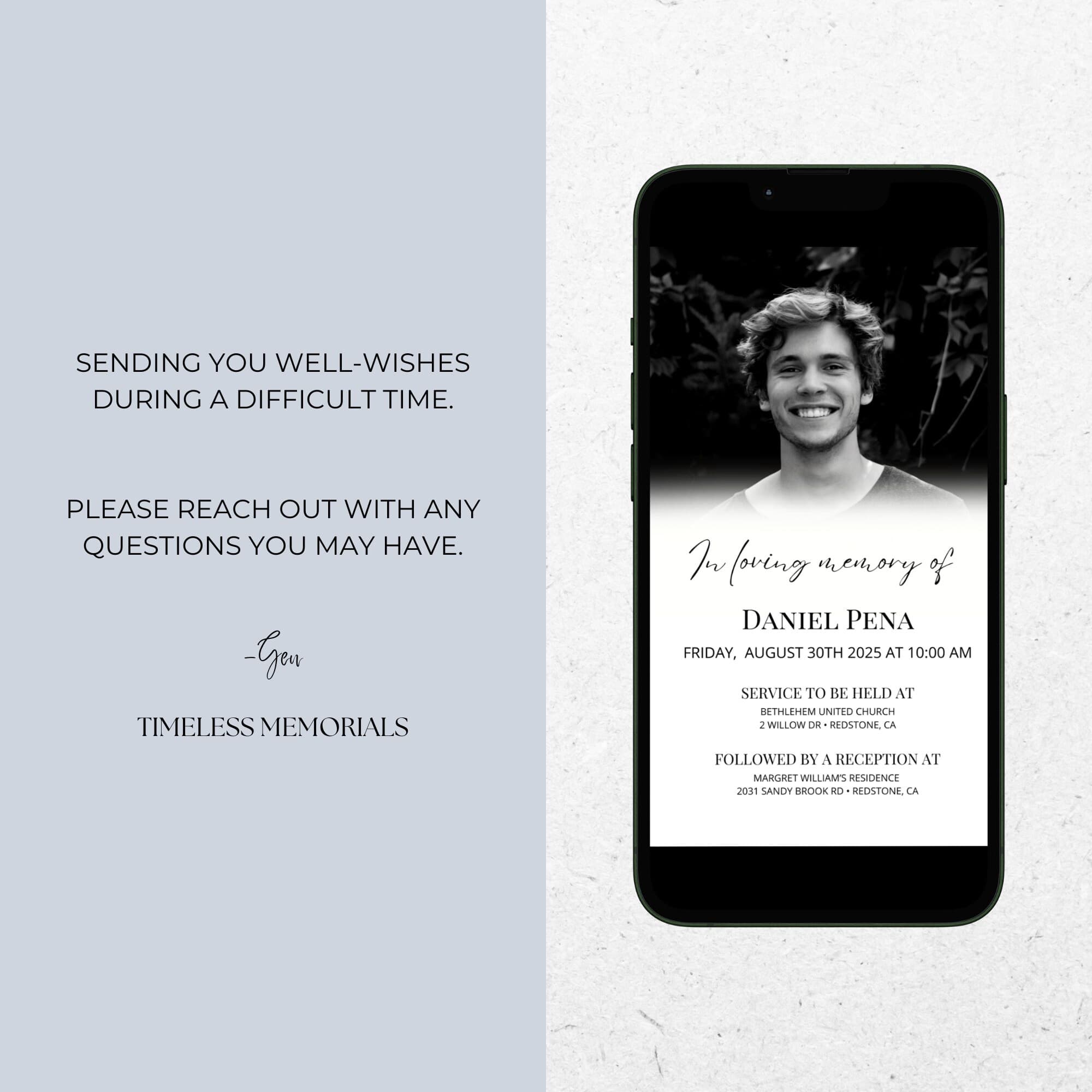 Digital Funeral Invitation, Minimal Electronic Memorial Evite for Man, Text Message Celebration of Life, Elegant Editable Phone Invite, ID47 - image 5