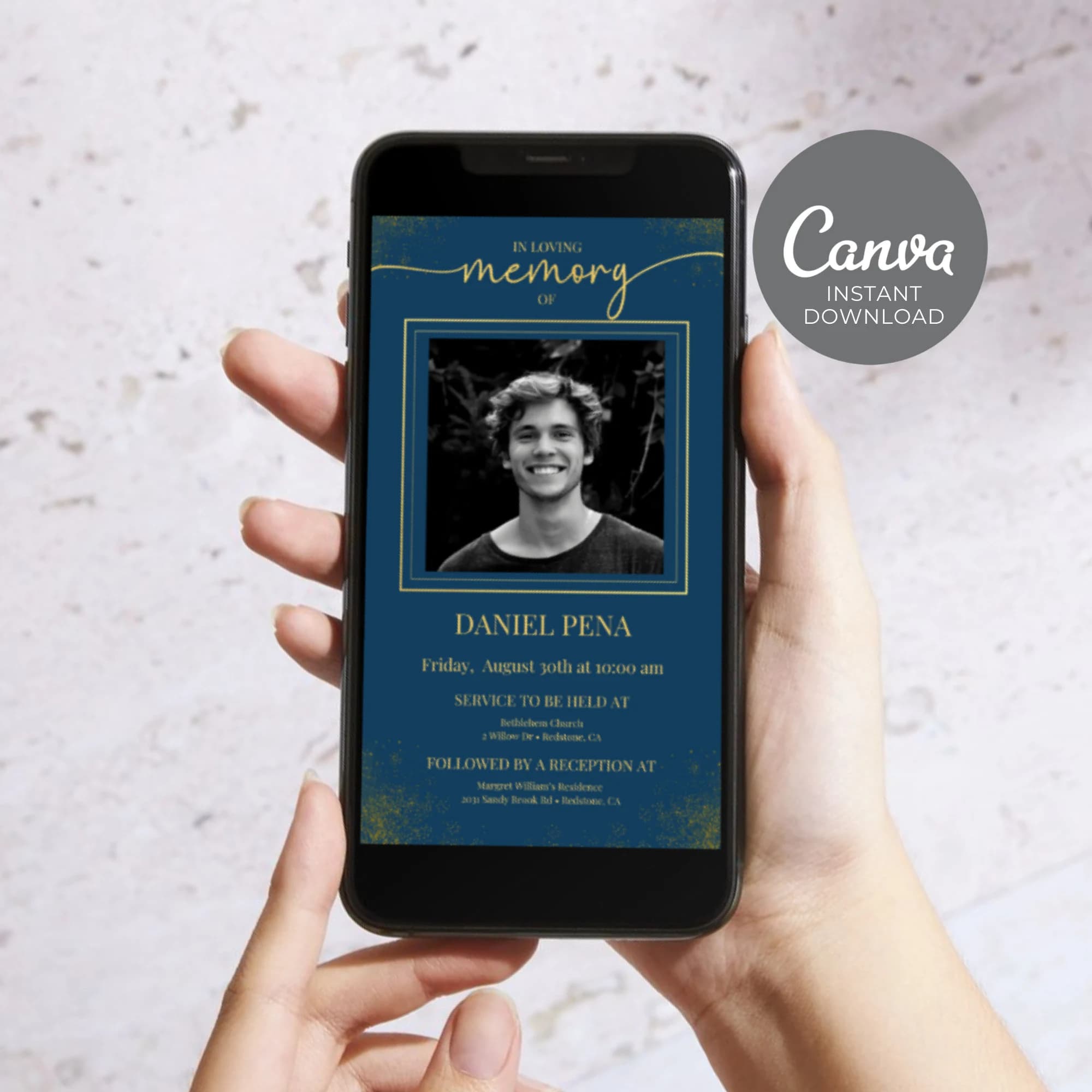Blue Funeral Announcement, Electronic Celebration Of Life Template, Man Editable Electronic Memorial Evite, Obituary Phone Invitation
