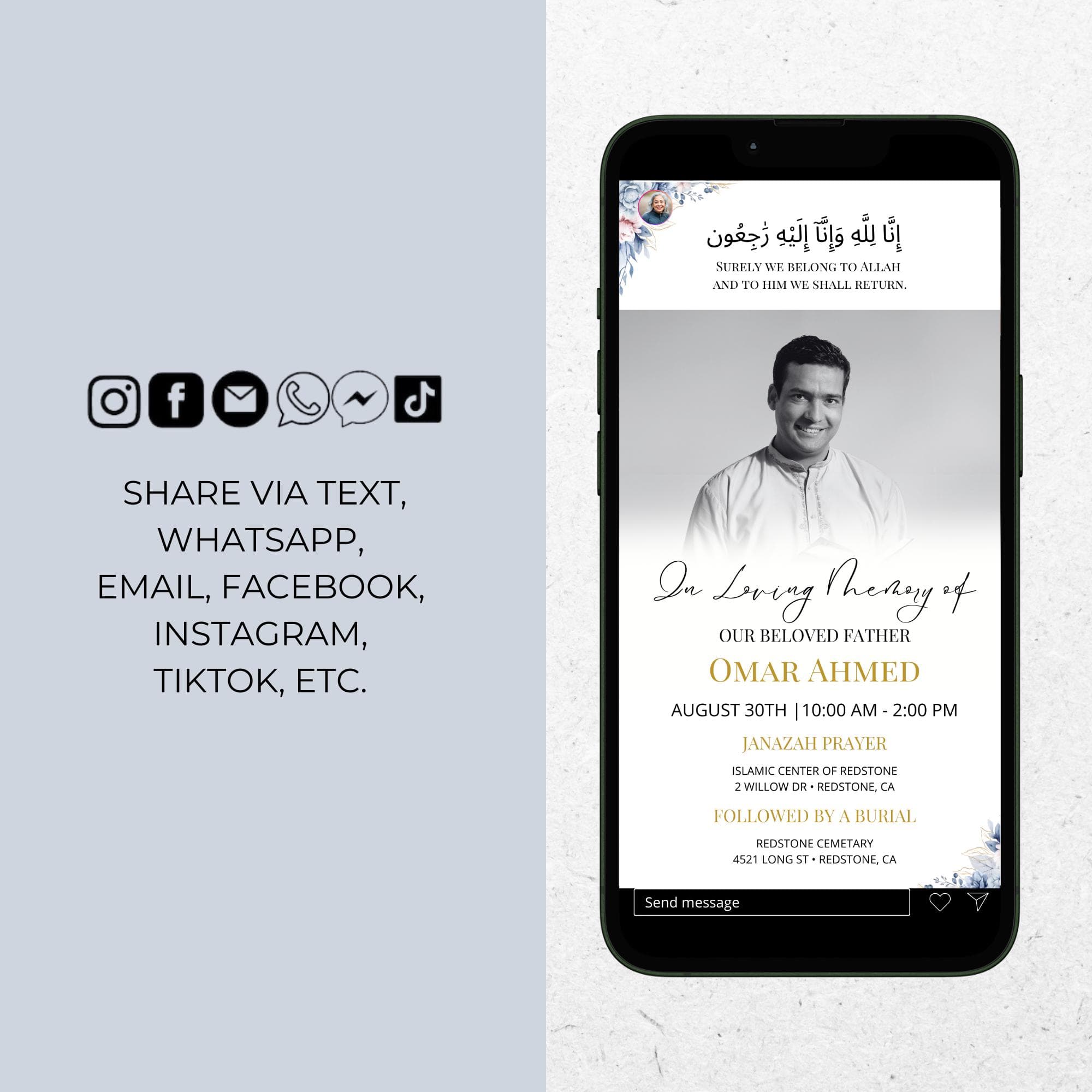 Muslim Funeral Invite, Janazah Invitation for Men, Islamic Digital Memorial Announcement, Editable Minimal Electronic Funeral Evite ID284 - image 2