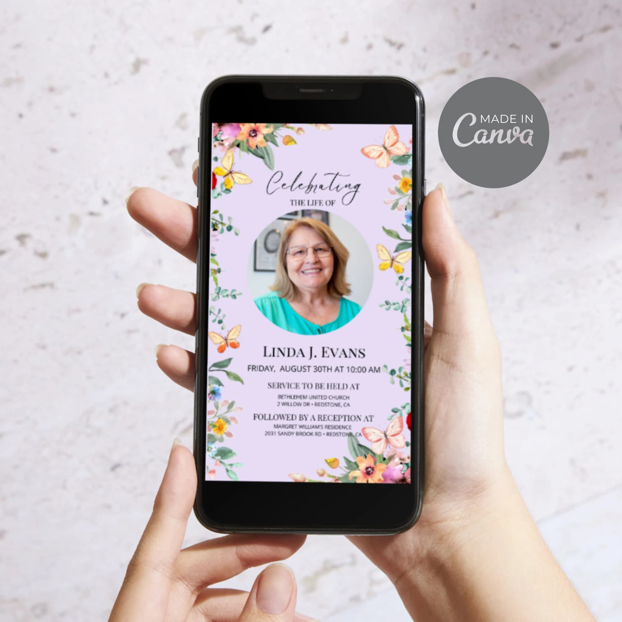Funeral Announcement with Butterflies, Digital Celebration Of Life Template, Editable Electronic Memorial Evite, Phone Invitation ID22