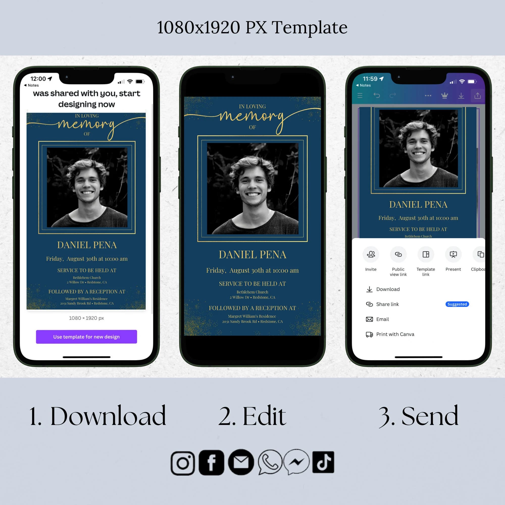 Blue Funeral Announcement, Electronic Celebration Of Life Template, Man Editable Electronic Memorial Evite, Obituary Phone Invitation ID72 - image 3