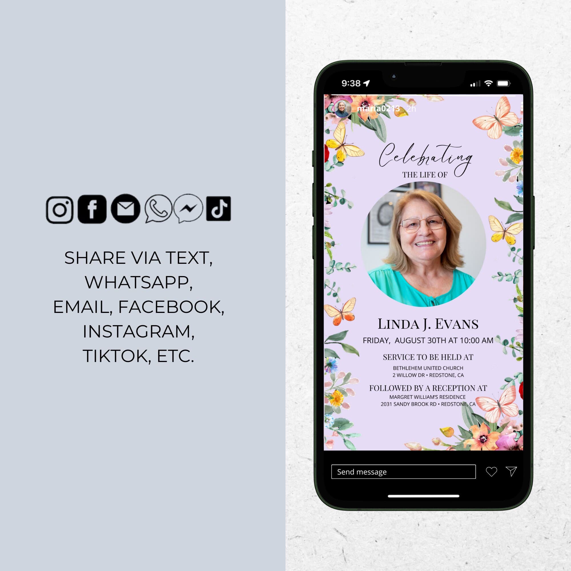 Funeral Announcement with Butterflies, Digital Celebration Of Life Template, Editable Electronic Memorial Evite, Phone Invitation ID22 - image 5