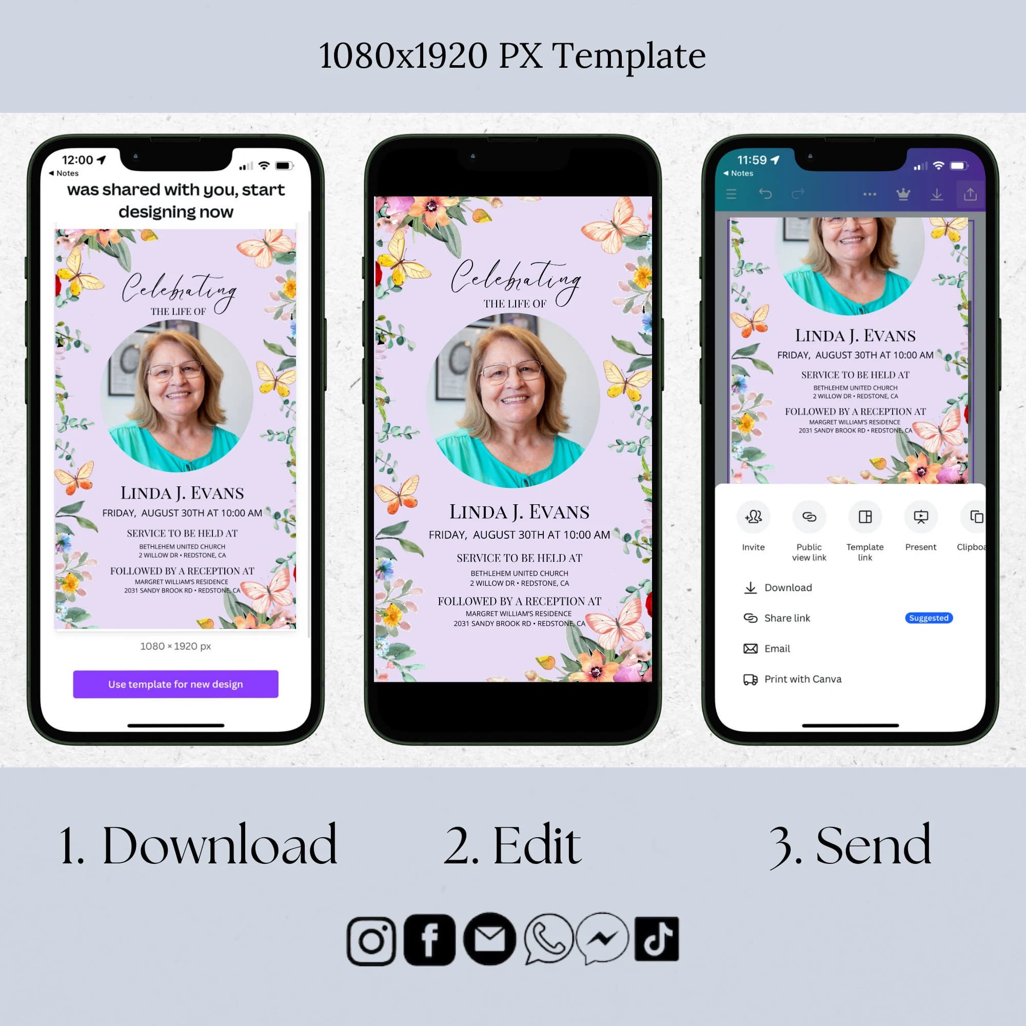 Funeral Announcement with Butterflies, Digital Celebration Of Life Template, Editable Electronic Memorial Evite, Phone Invitation ID22 - image 4