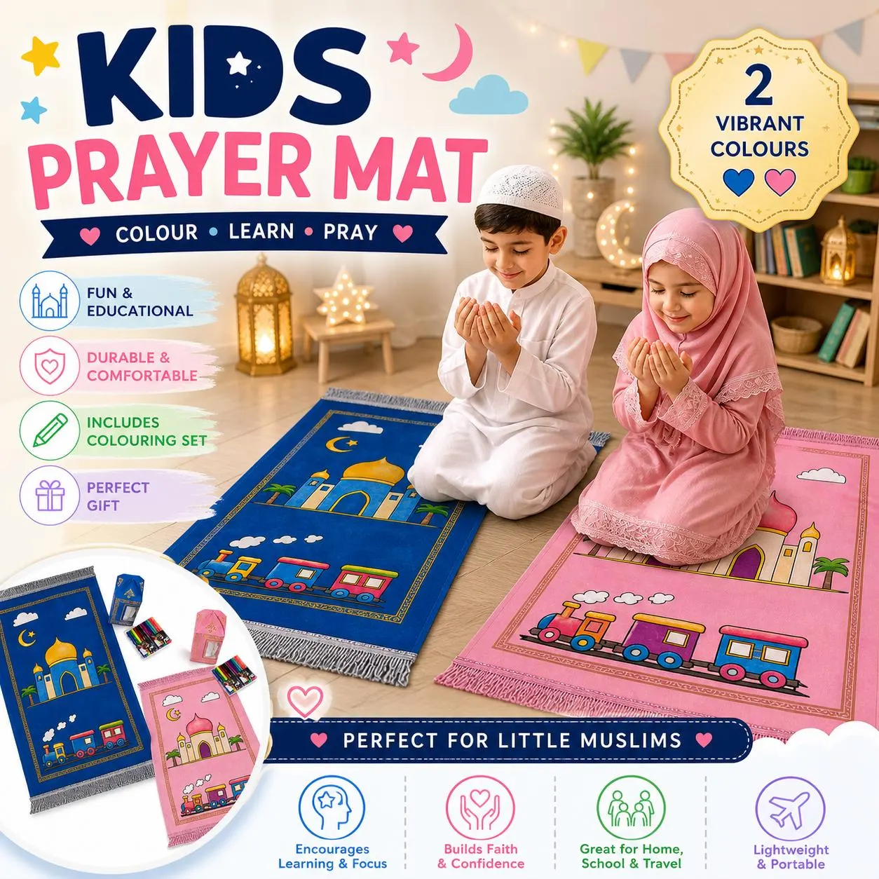 Kids Colouring Prayer Mat Set with Pens | Islamic Kids Gift | Ramadan & Eid Activity | Salah Learning Mat | Muslim Gift for Boys Girls - image 3