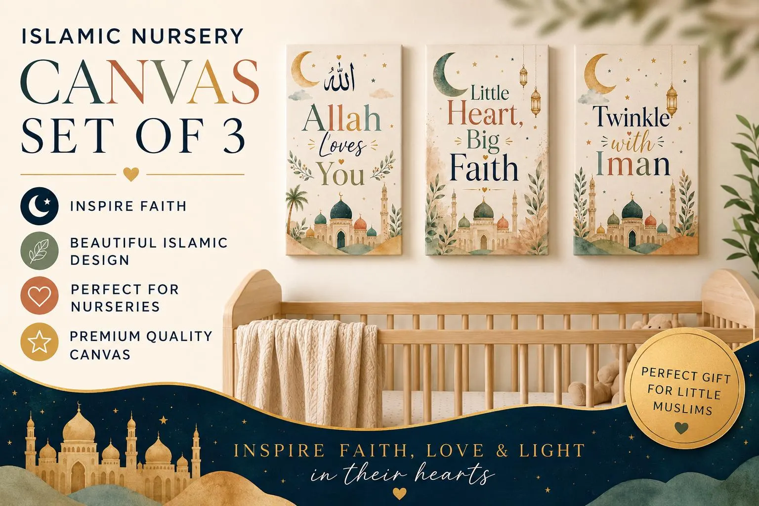 Islamic Nursery Wall Art Set of 3 | Muslim Baby Room Decor | Allah Loves U Islamic Nursery Prints | Neutral Nursery Decor | Baby Shower Gift - image 2