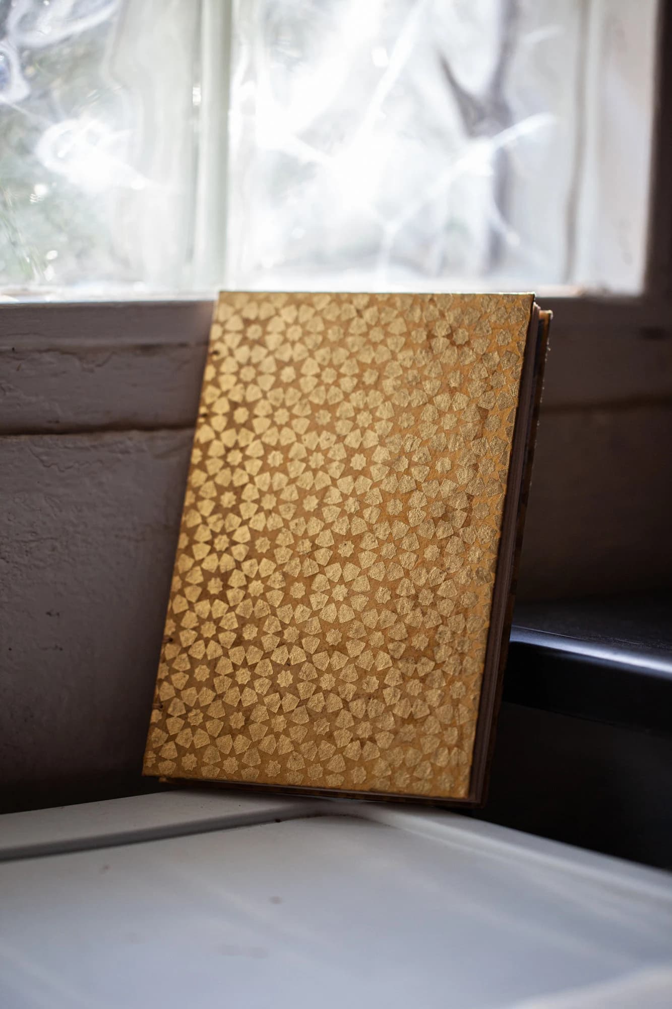 Gold Moroccan Tiles Journal, Hand Crafted Coptic Bound Book with Tea Stained Pages, Islamic Geometric Design - image 2