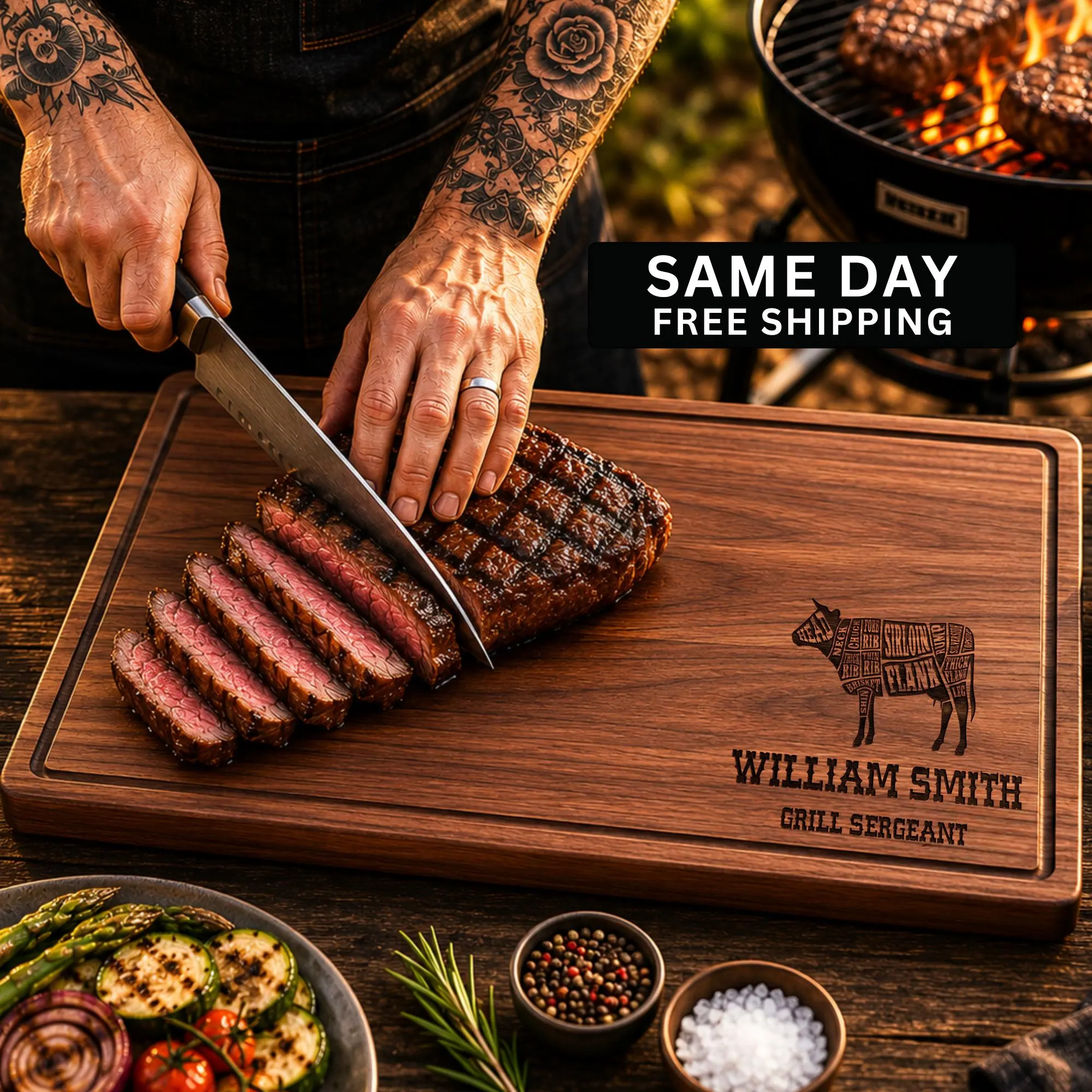 Personalized BBQ Gift for Dad, Cutting Board, Grandpa Gift, Custom Charcuterie Board, Military Retirement Gift, Grill Master Birthday Gift
