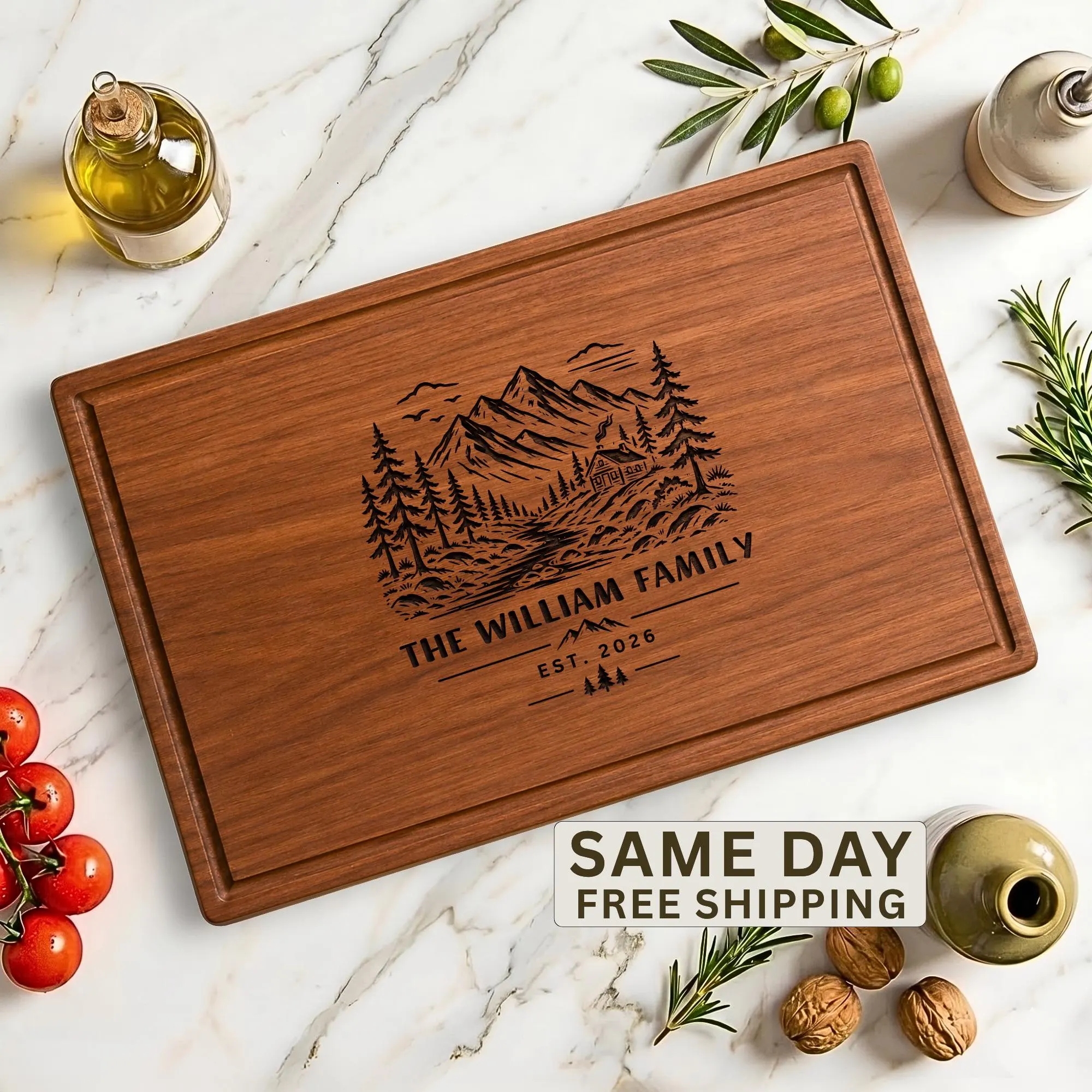 Personalized Walnut Cutting Board, Custom Engraved Charcuterie Board, Nature Lovers Gift Mountain View Cabin Decor, Family Housewarming Gift