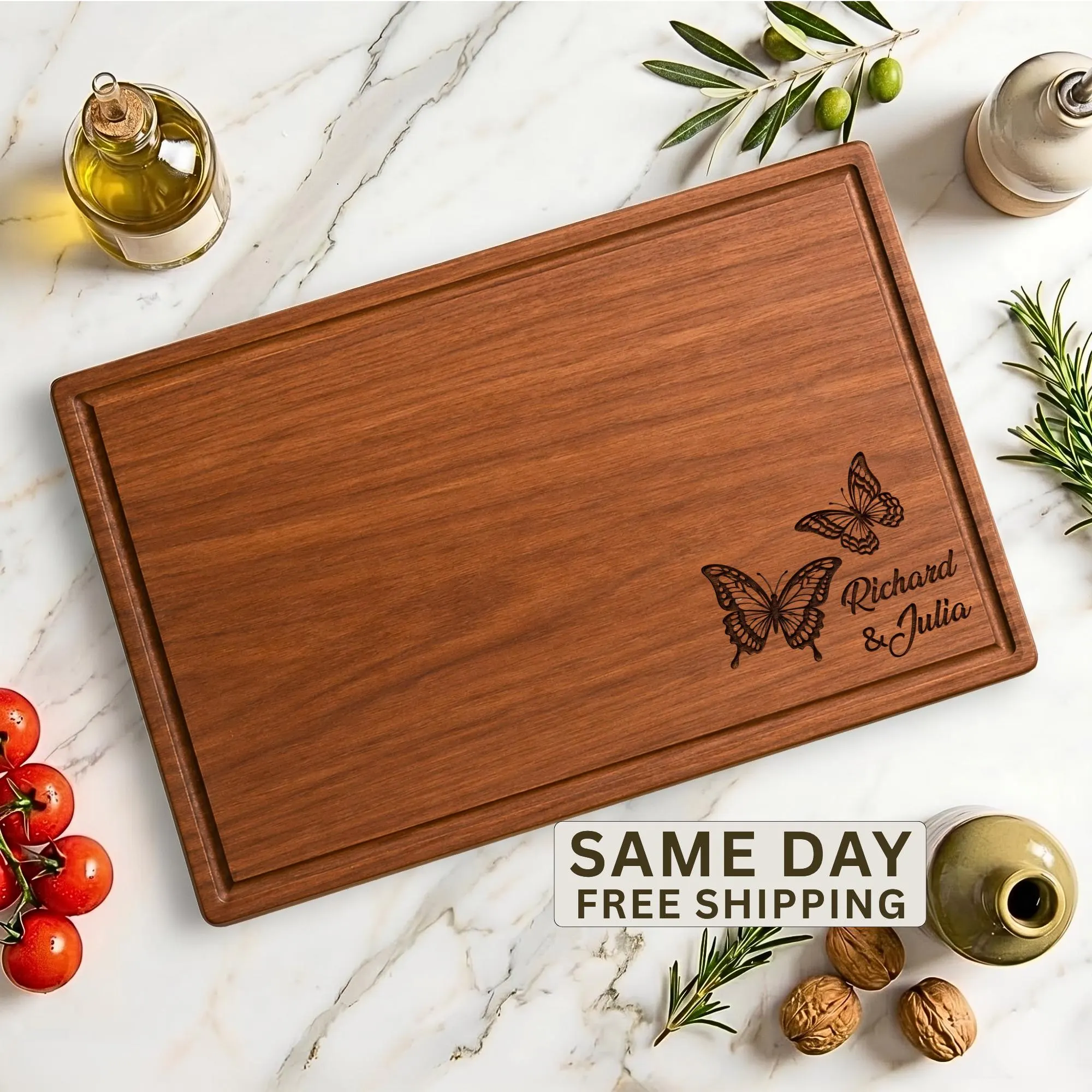 Personalized Butterfly Walnut Cutting Board, Couple Anniversary Gift, Romantic Wedding Gift, Custom Couple Charcuterie Board