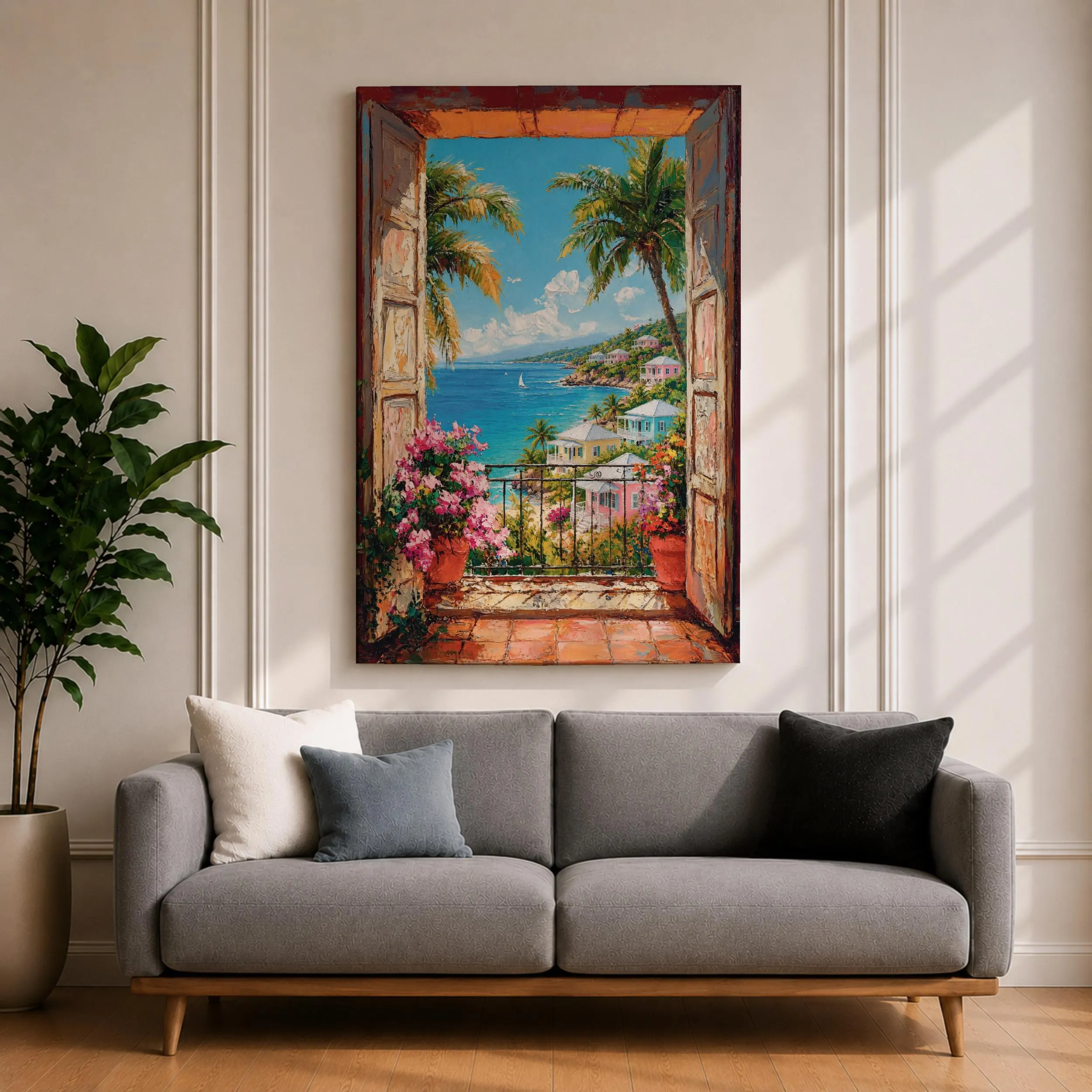 A vibrant watercolor painting depicting an open blue door leading to a lush tropical courtyard filled with potted plants and greenery. The scene captures a garden patio ambiance with loose brushstrokes and bright colors emphasizing the natural foliage and inviting outdoor space.