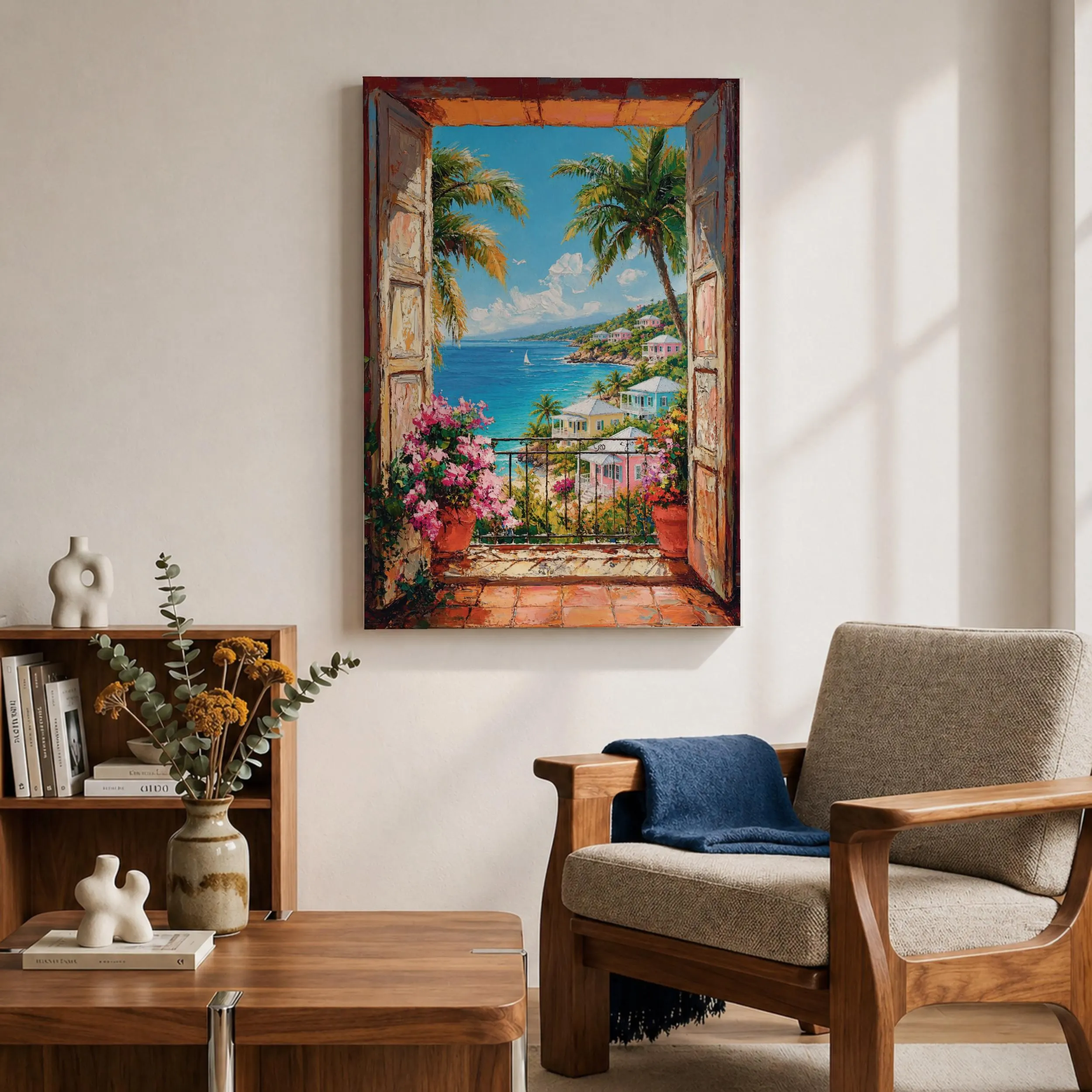 A vibrant watercolor painting depicting an open blue door leading to a lush tropical courtyard filled with potted plants and greenery. The scene captures a garden patio ambiance with loose brushstrokes and bright colors emphasizing the natural foliage and inviting outdoor space.