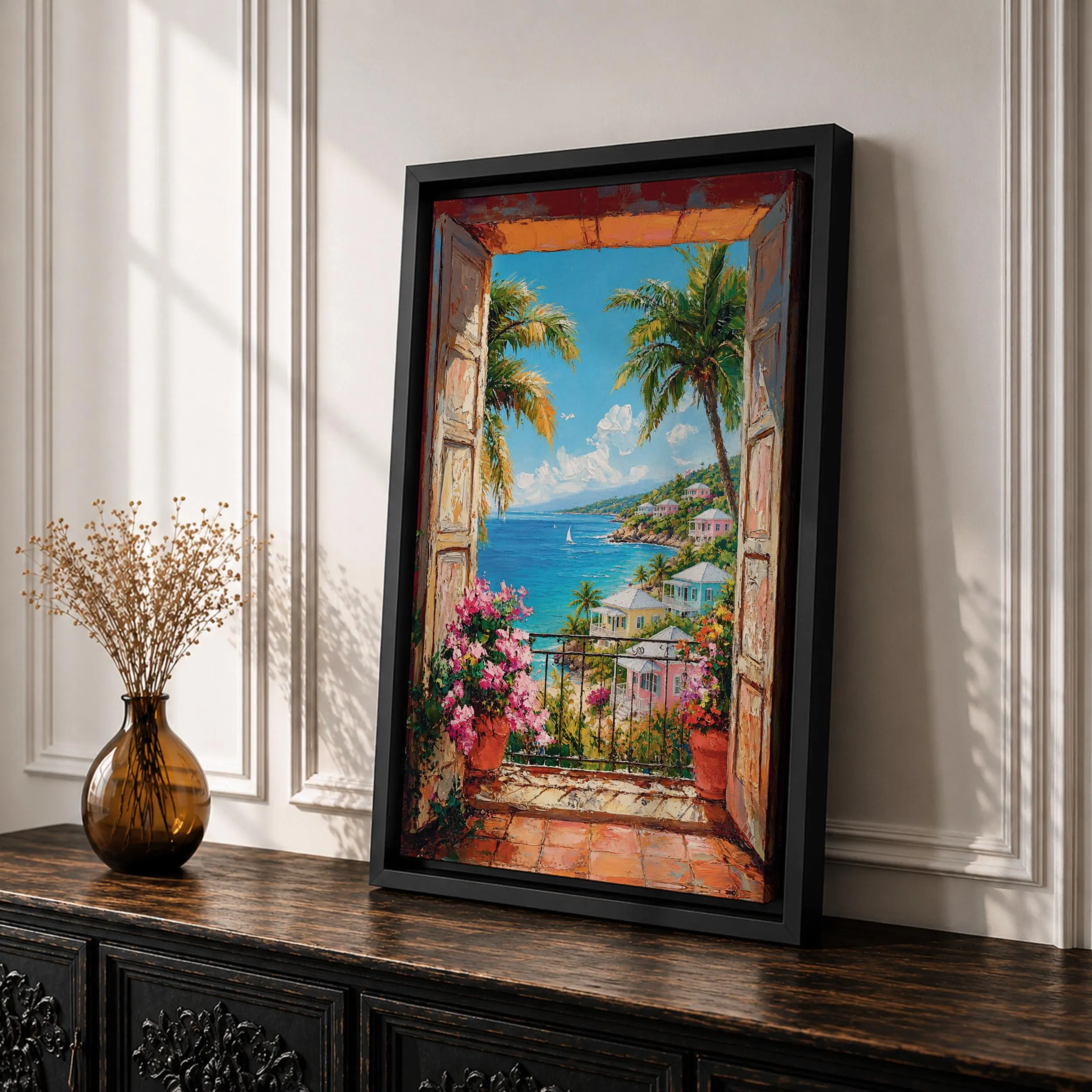 A vibrant watercolor painting depicting an open blue door leading to a lush tropical courtyard filled with potted plants and greenery. The scene captures a garden patio ambiance with loose brushstrokes and bright colors emphasizing the natural foliage and inviting outdoor space.